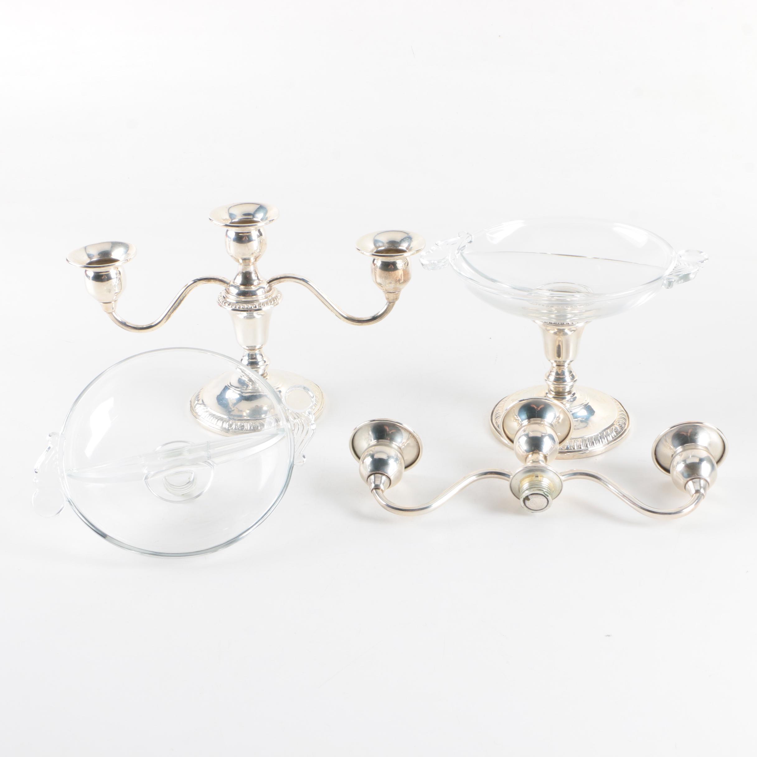 Frank M. Whiting & Co. Weighted Sterling and Glass Convertable Candelabra Pair