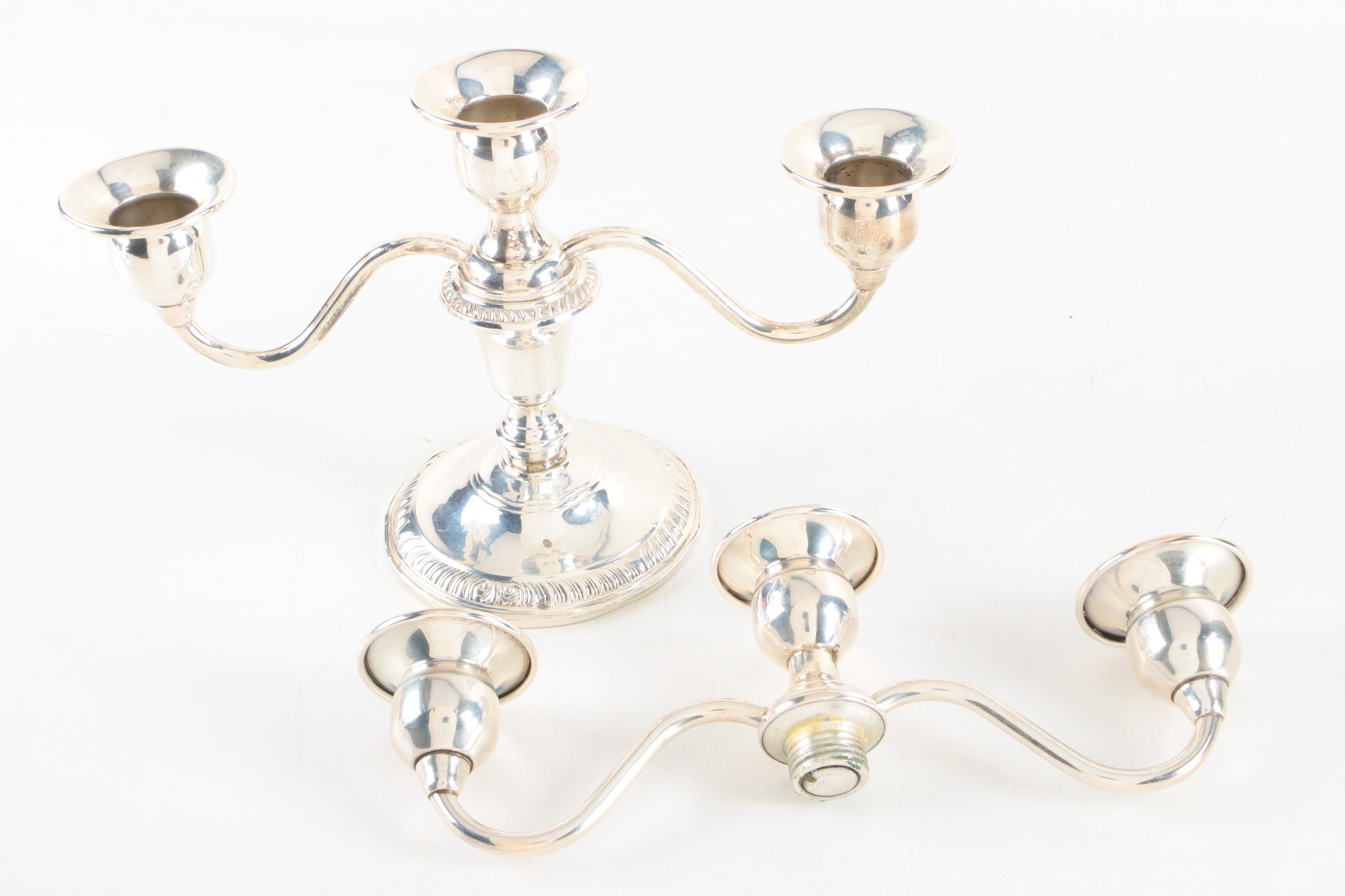 Frank M. Whiting & Co. Weighted Sterling and Glass Convertable Candelabra Pair