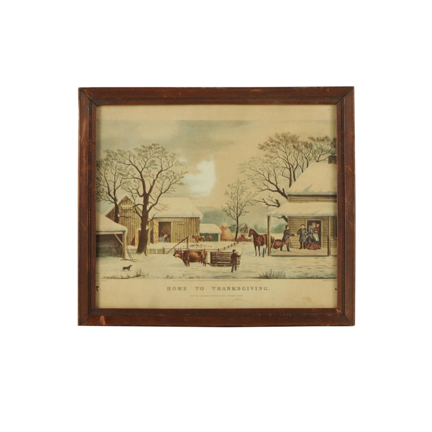 Currier & Ives Reproduction Print on Paper "Home to Thanksgiving"