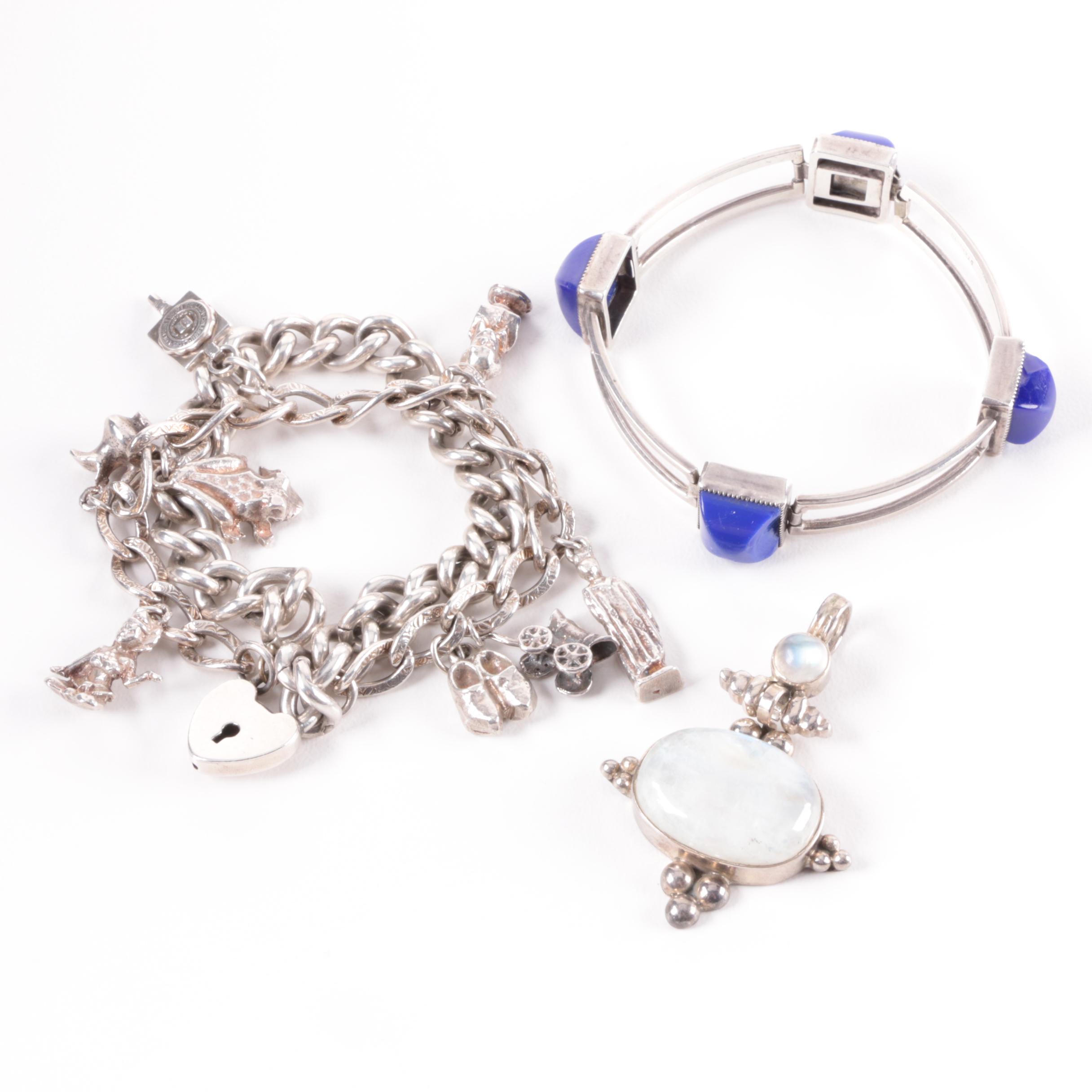Sterling Silver Rainbow Moonstone and Imitation Lapis Lazuli Jewelry Selection