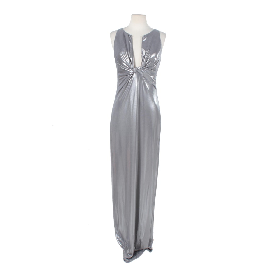 Halston Heritage Silver Lame Plunge Evening Gown