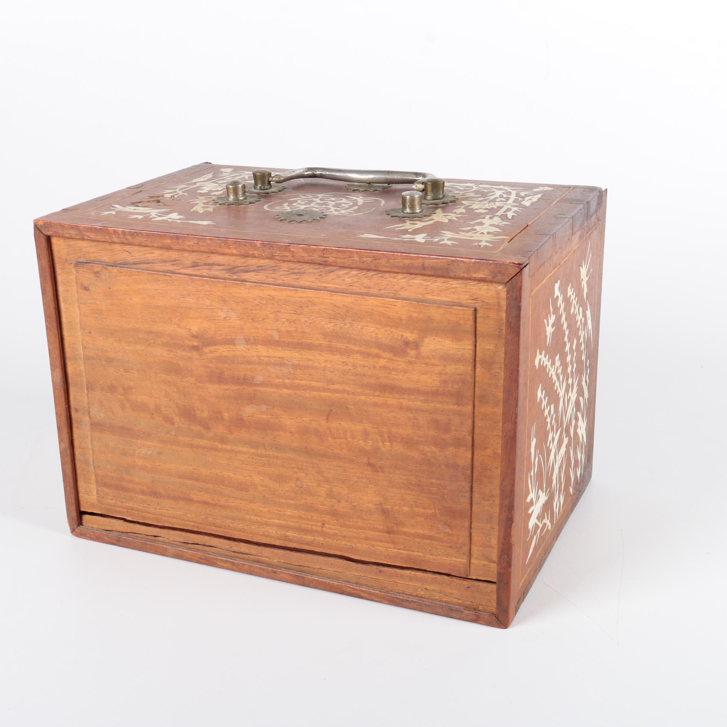 Vintage Bone and Bamboo Mah Jongg Set in Wood Case with Bone Inlay