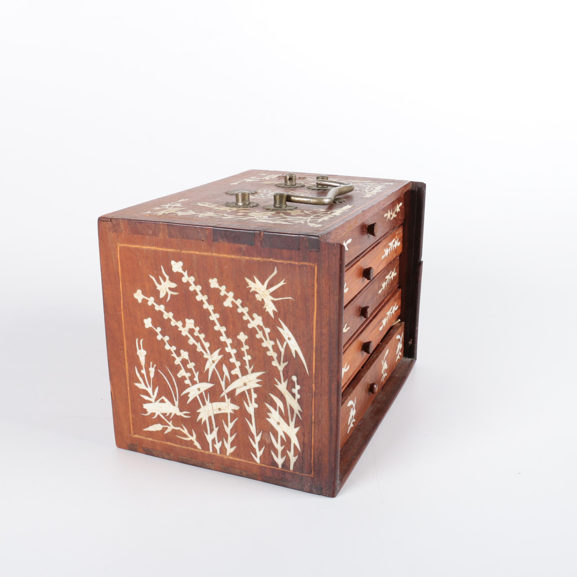 Vintage Bone and Bamboo Mah Jongg Set in Wood Case with Bone Inlay