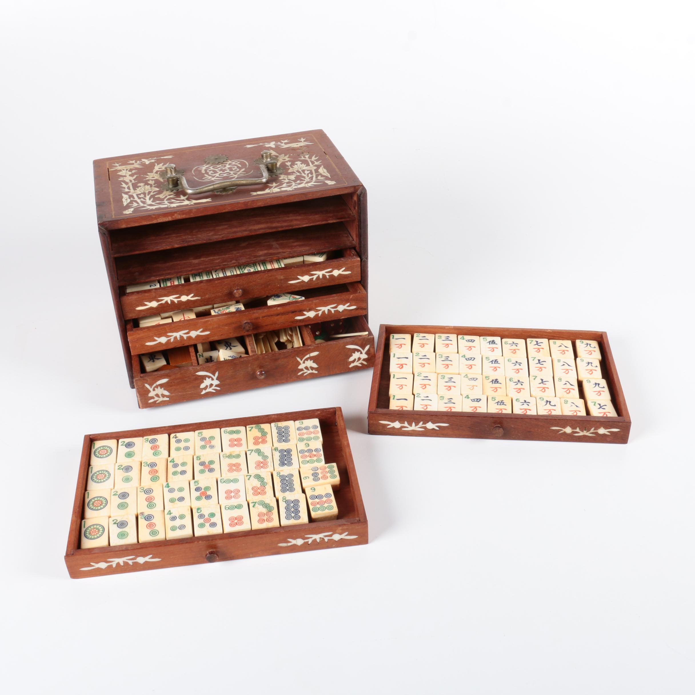 Vintage Bone and Bamboo Mah Jongg Set in Wood Case with Bone Inlay