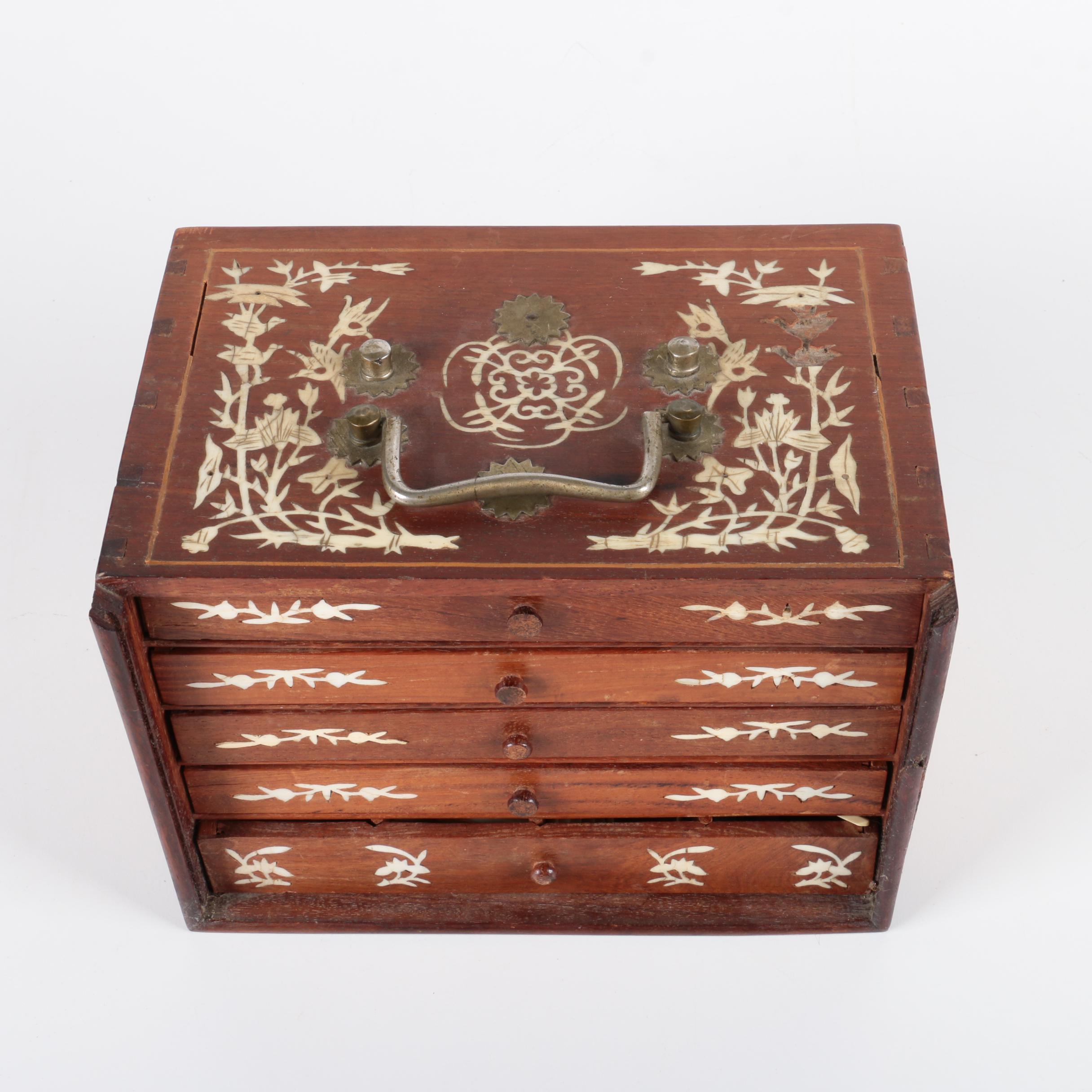 Vintage Bone and Bamboo Mah Jongg Set in Wood Case with Bone Inlay