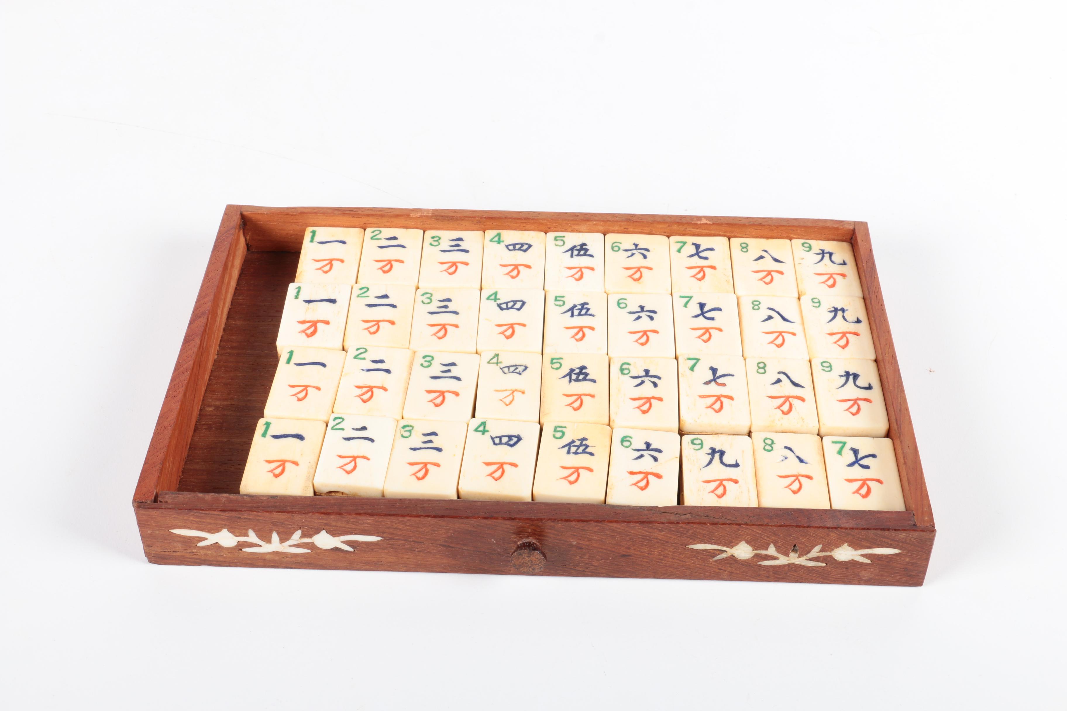 Vintage Bone and Bamboo Mah Jongg Set in Wood Case with Bone Inlay