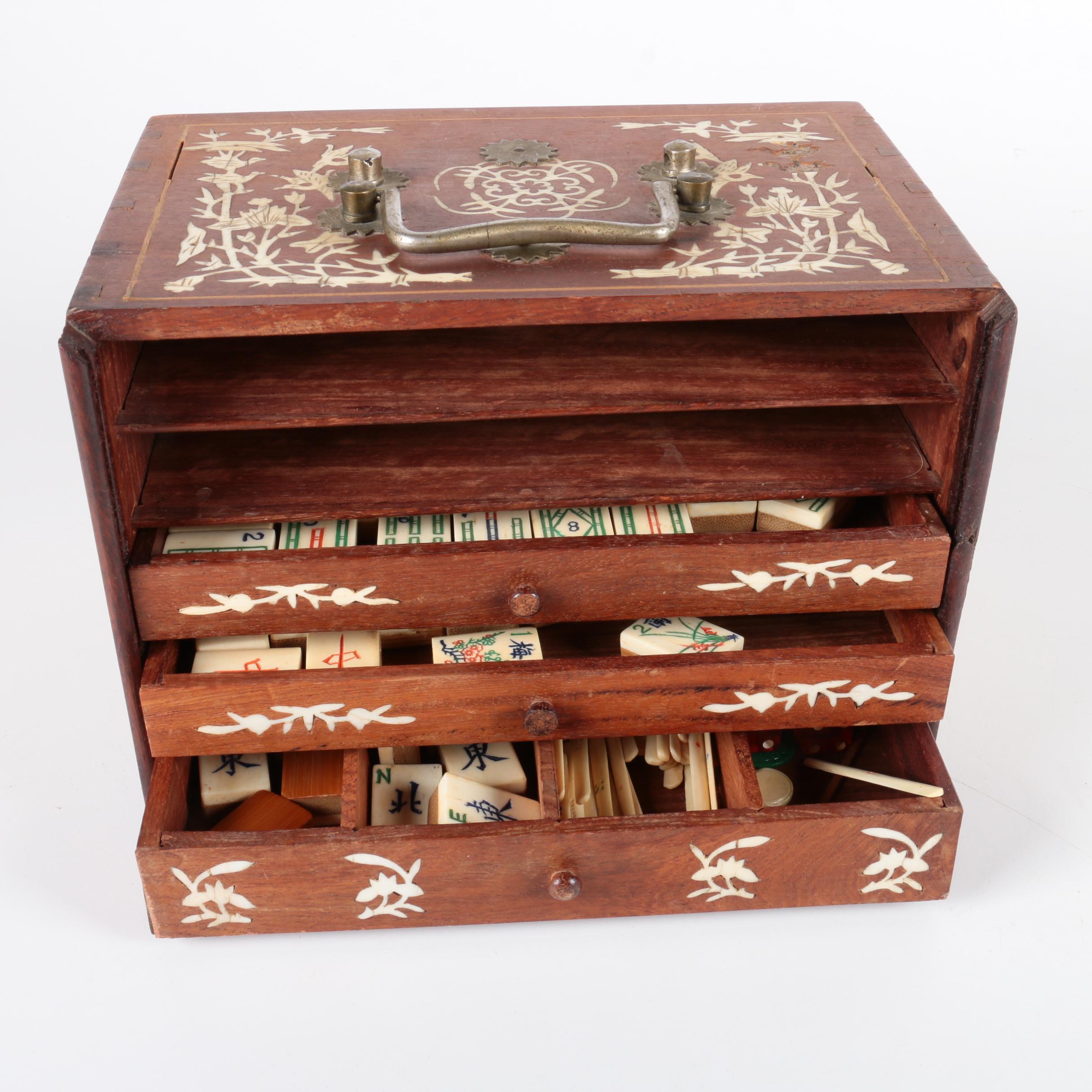 Vintage Bone and Bamboo Mah Jongg Set in Wood Case with Bone Inlay