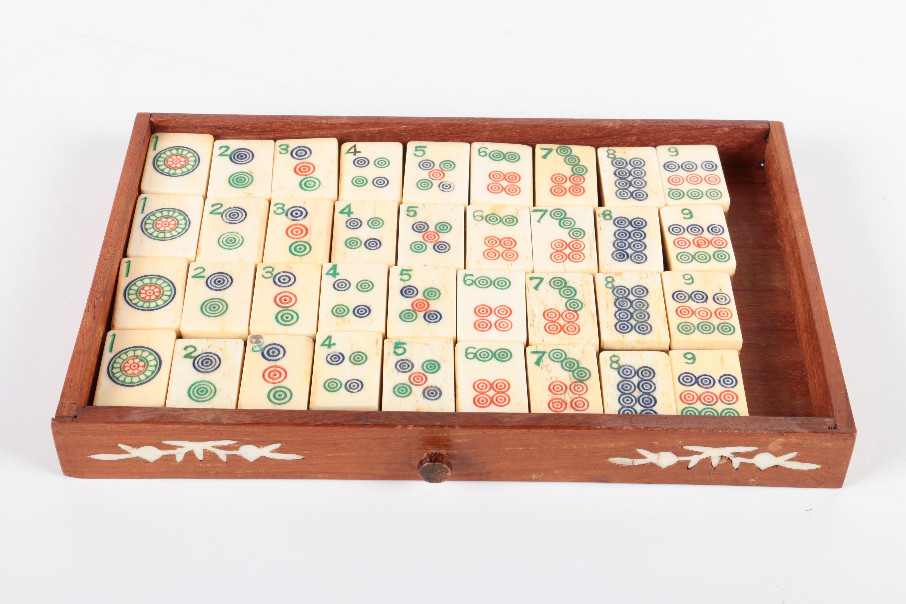 Vintage Bone and Bamboo Mah Jongg Set in Wood Case with Bone Inlay