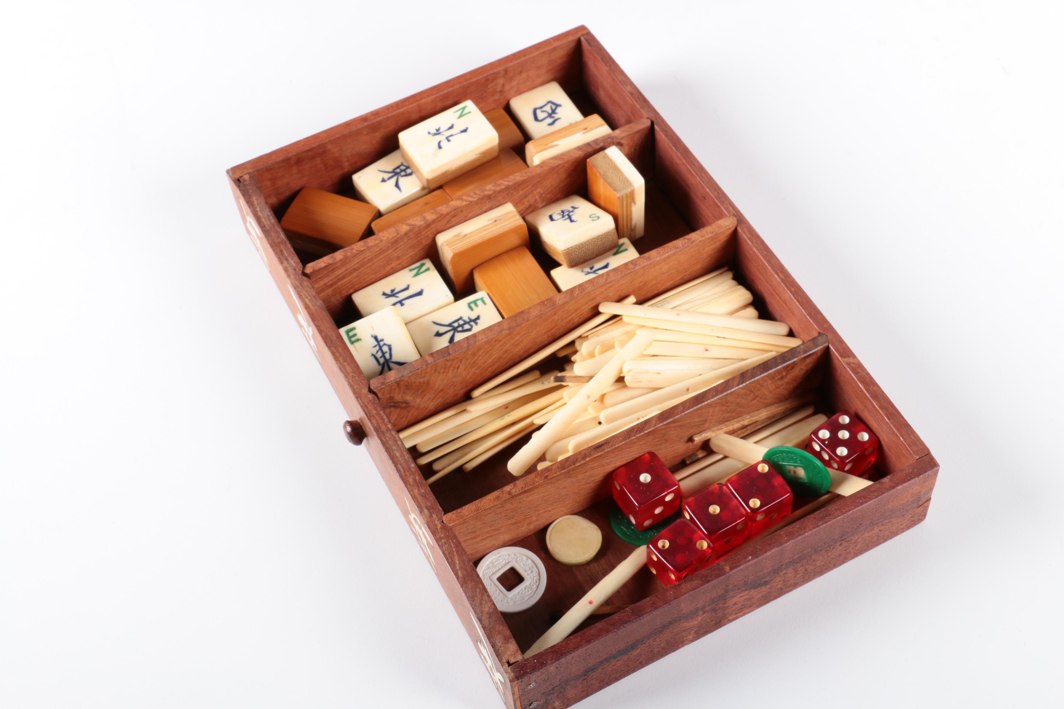 Vintage Bone and Bamboo Mah Jongg Set in Wood Case with Bone Inlay