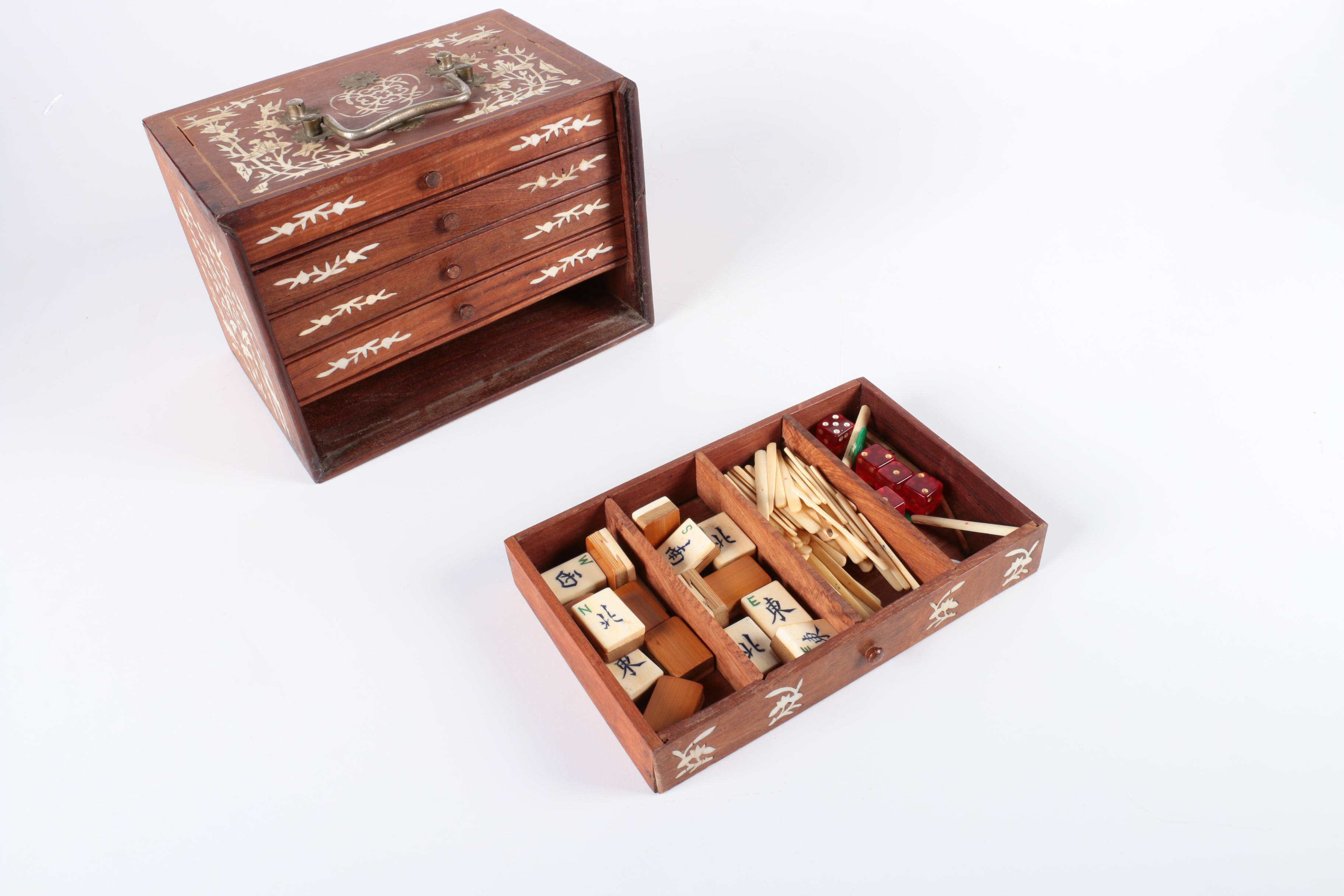 Vintage Bone and Bamboo Mah Jongg Set in Wood Case with Bone Inlay