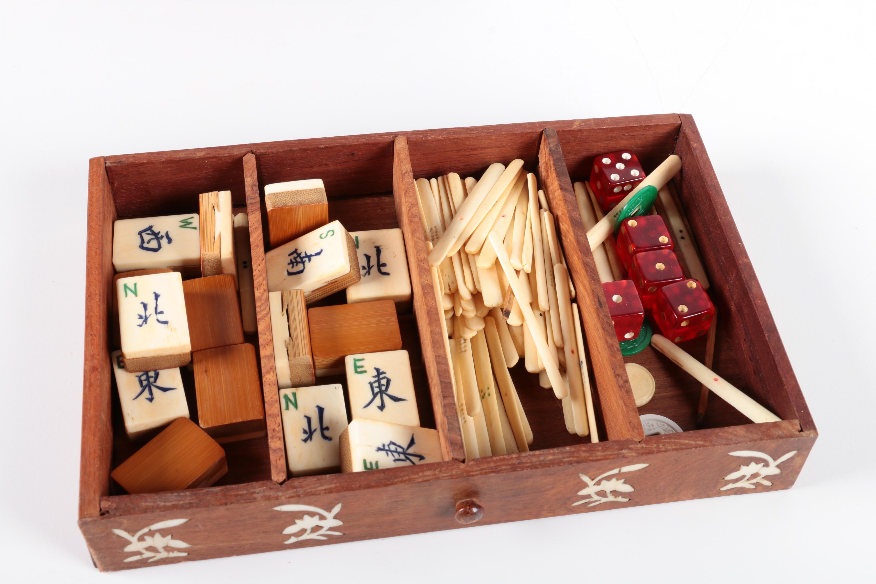 Vintage Bone and Bamboo Mah Jongg Set in Wood Case with Bone Inlay
