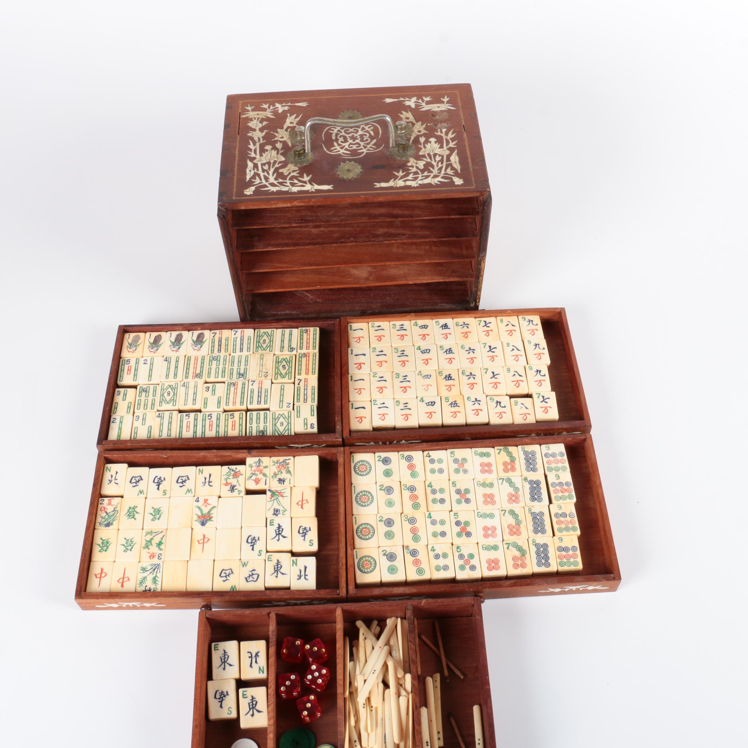 Vintage Bone and Bamboo Mah Jongg Set in Wood Case with Bone Inlay