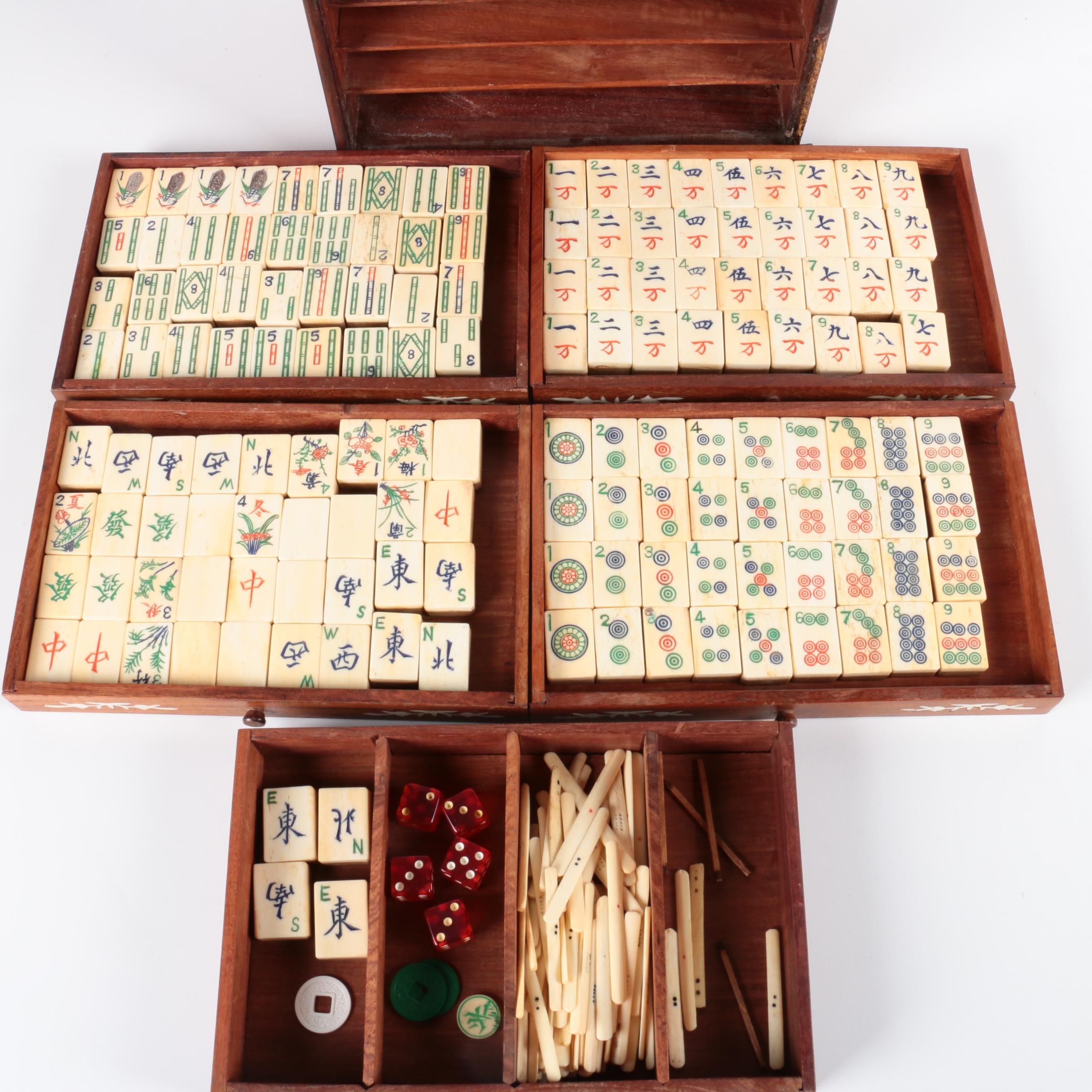 Vintage Bone and Bamboo Mah Jongg Set in Wood Case with Bone Inlay