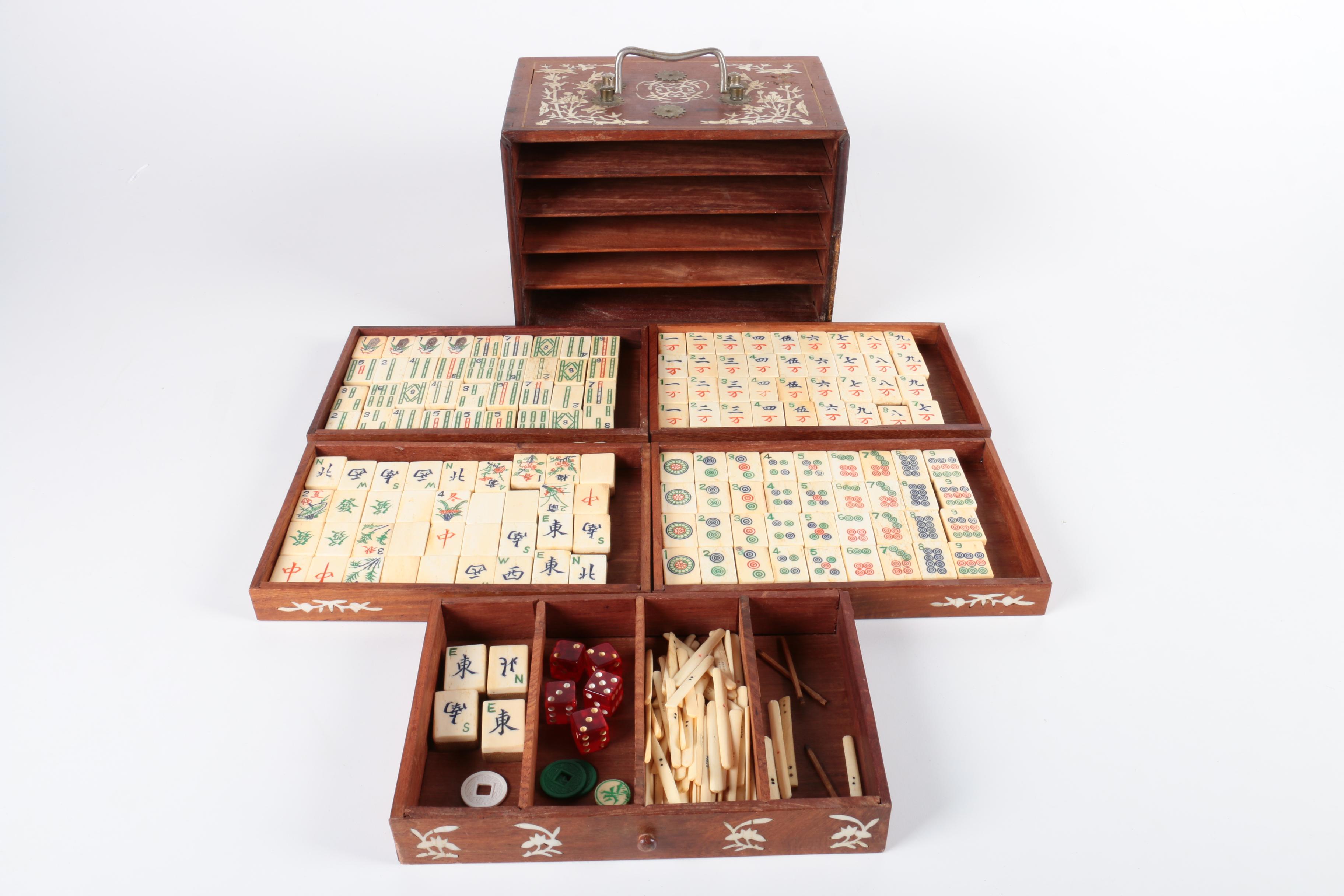 Vintage Bone and Bamboo Mah Jongg Set in Wood Case with Bone Inlay