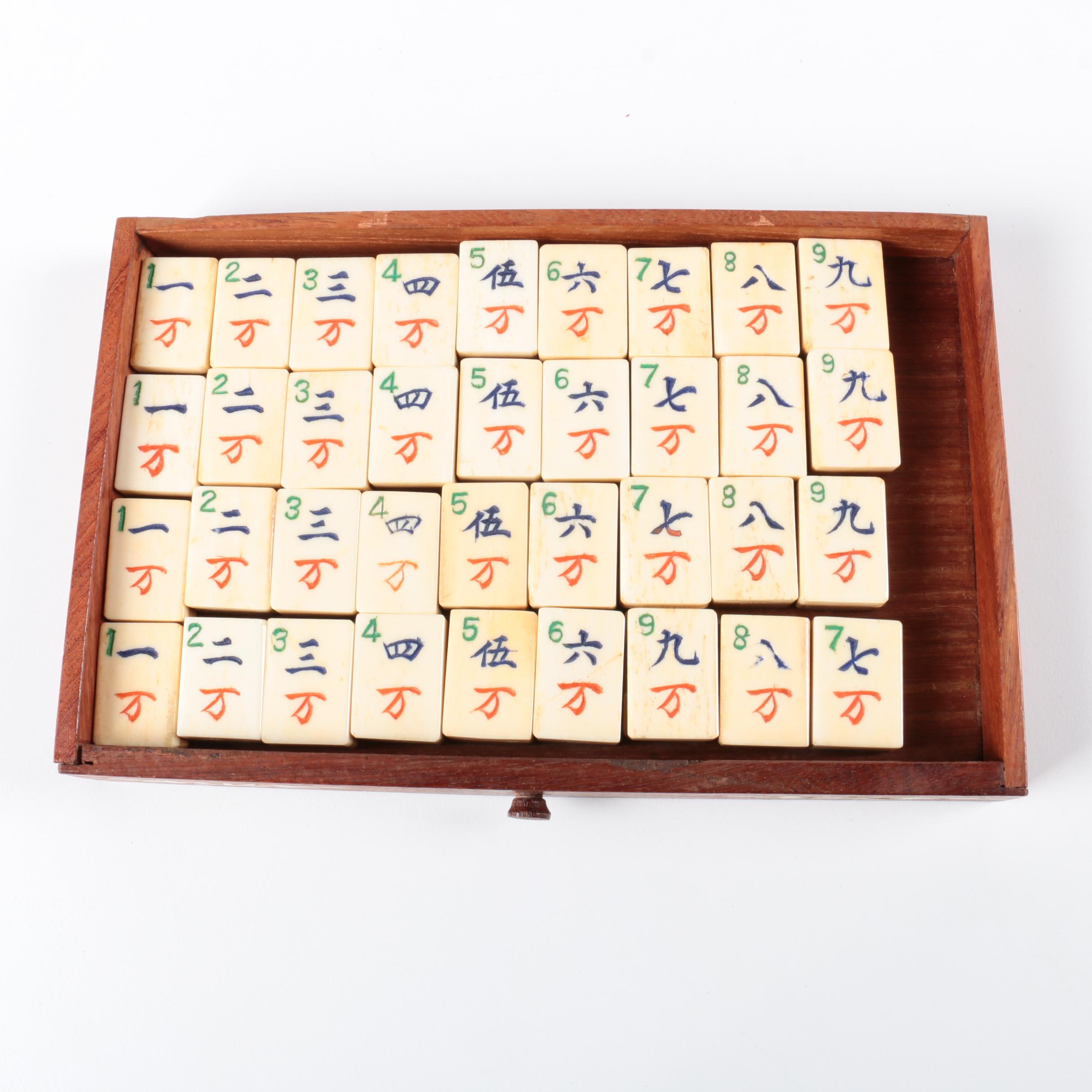 Vintage Bone and Bamboo Mah Jongg Set in Wood Case with Bone Inlay