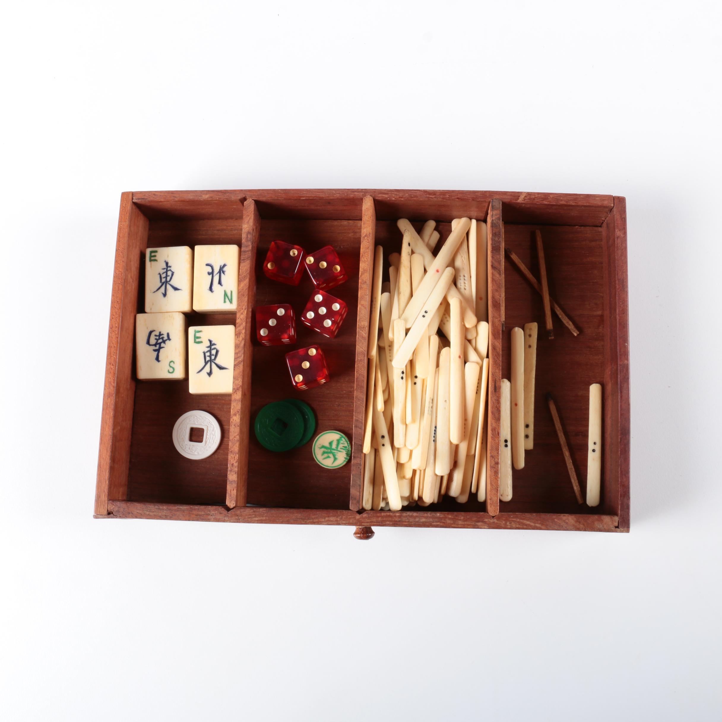 Vintage Bone and Bamboo Mah Jongg Set in Wood Case with Bone Inlay