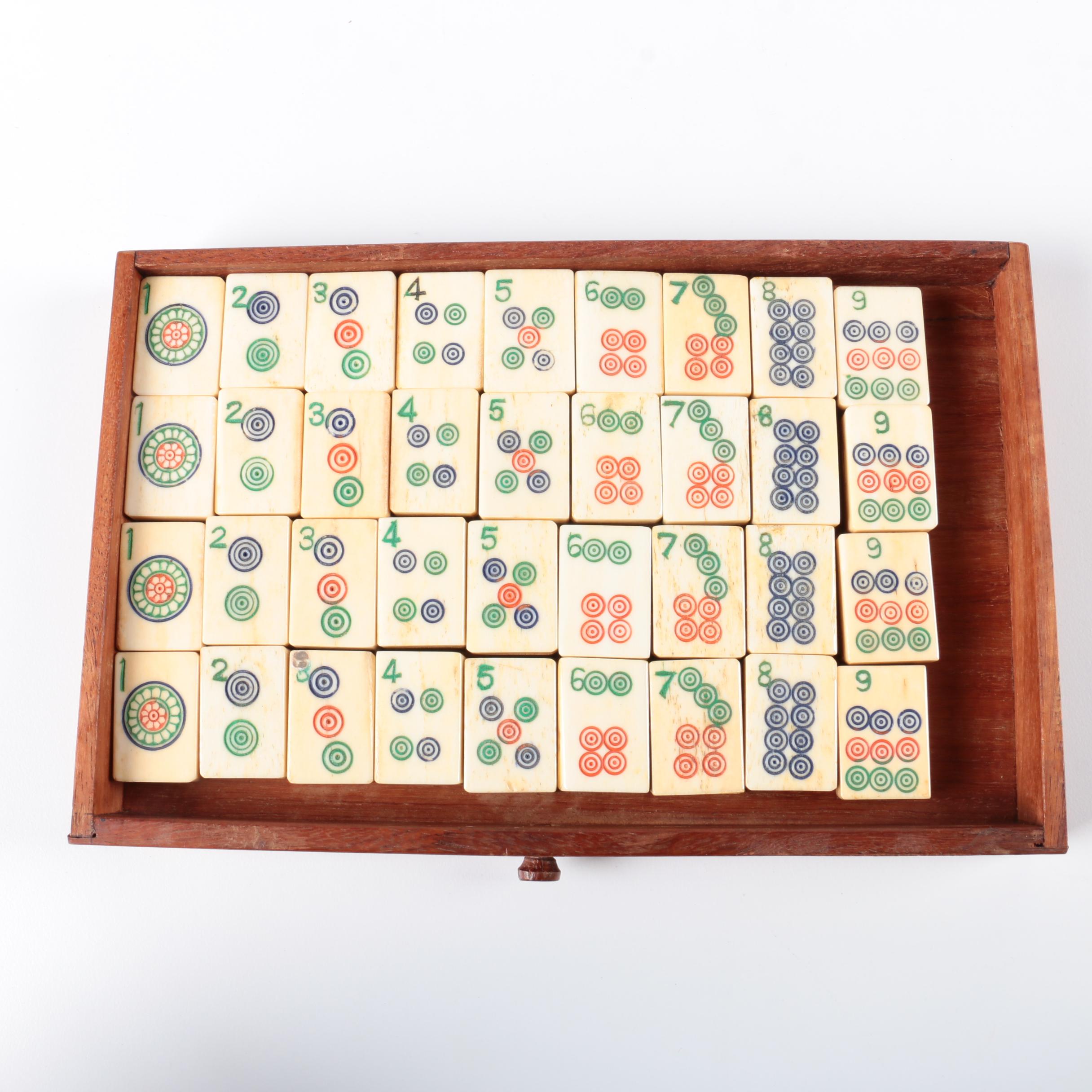 Vintage Bone and Bamboo Mah Jongg Set in Wood Case with Bone Inlay