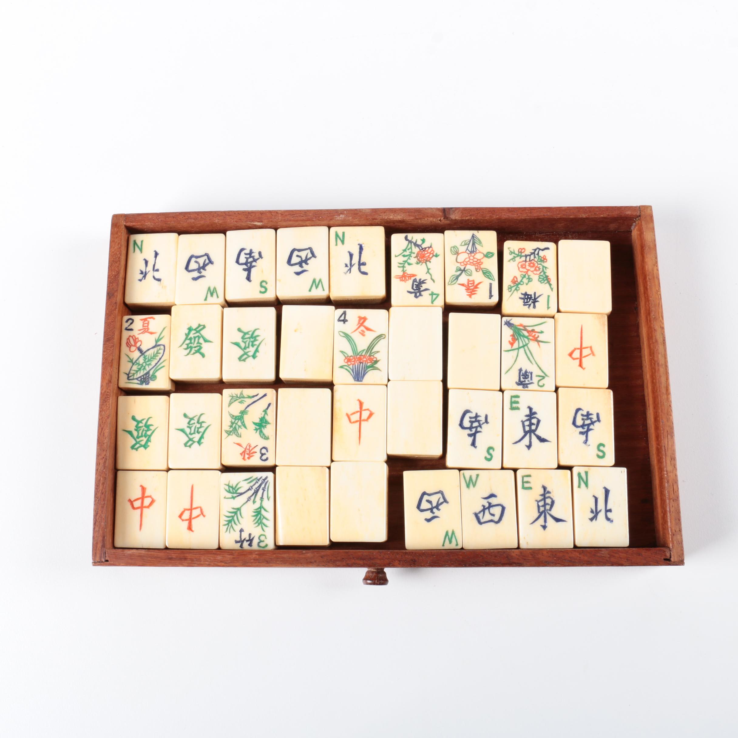 Vintage Bone and Bamboo Mah Jongg Set in Wood Case with Bone Inlay