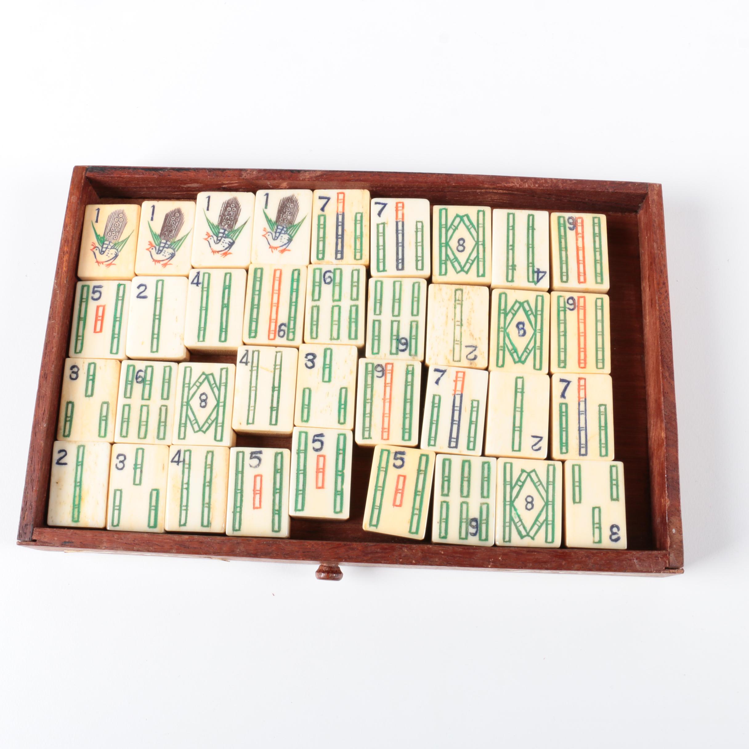 Vintage Bone and Bamboo Mah Jongg Set in Wood Case with Bone Inlay