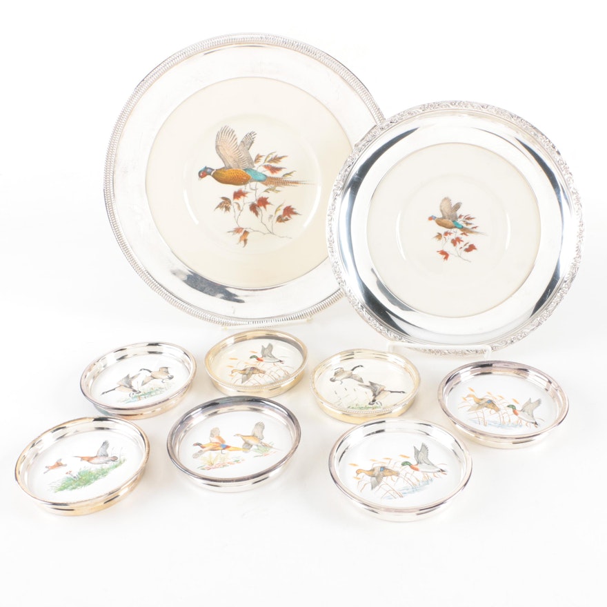 Sterling Silver and Porcelain Avian Themed Plates and Coasters