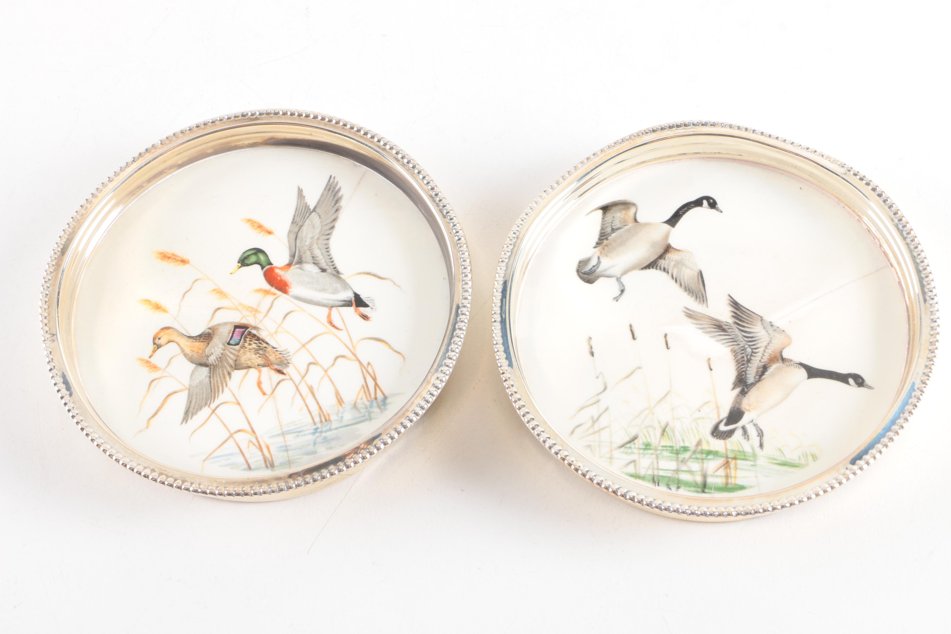 Sterling Silver and Porcelain Avian Themed Plates and Coasters