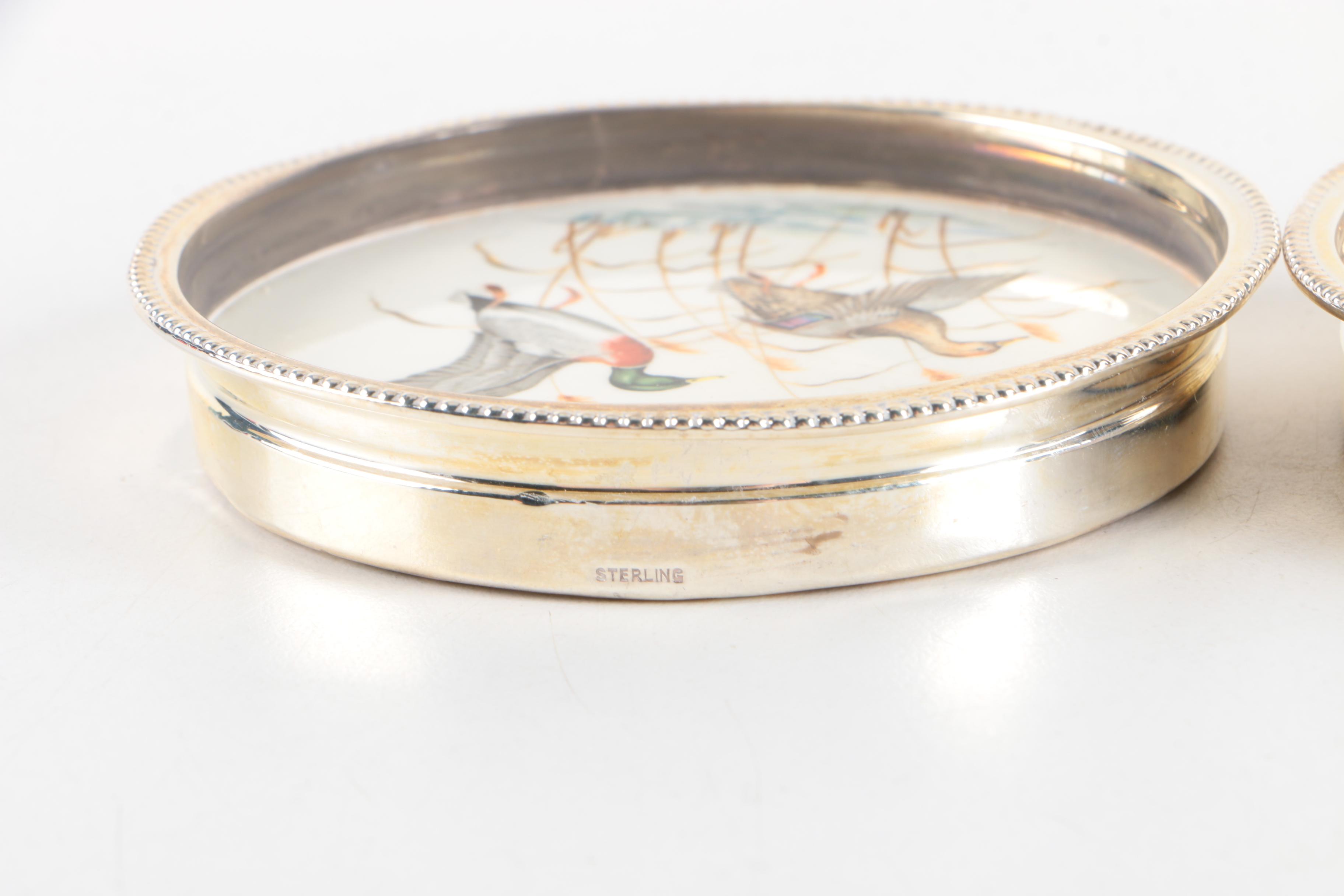 Sterling Silver and Porcelain Avian Themed Plates and Coasters