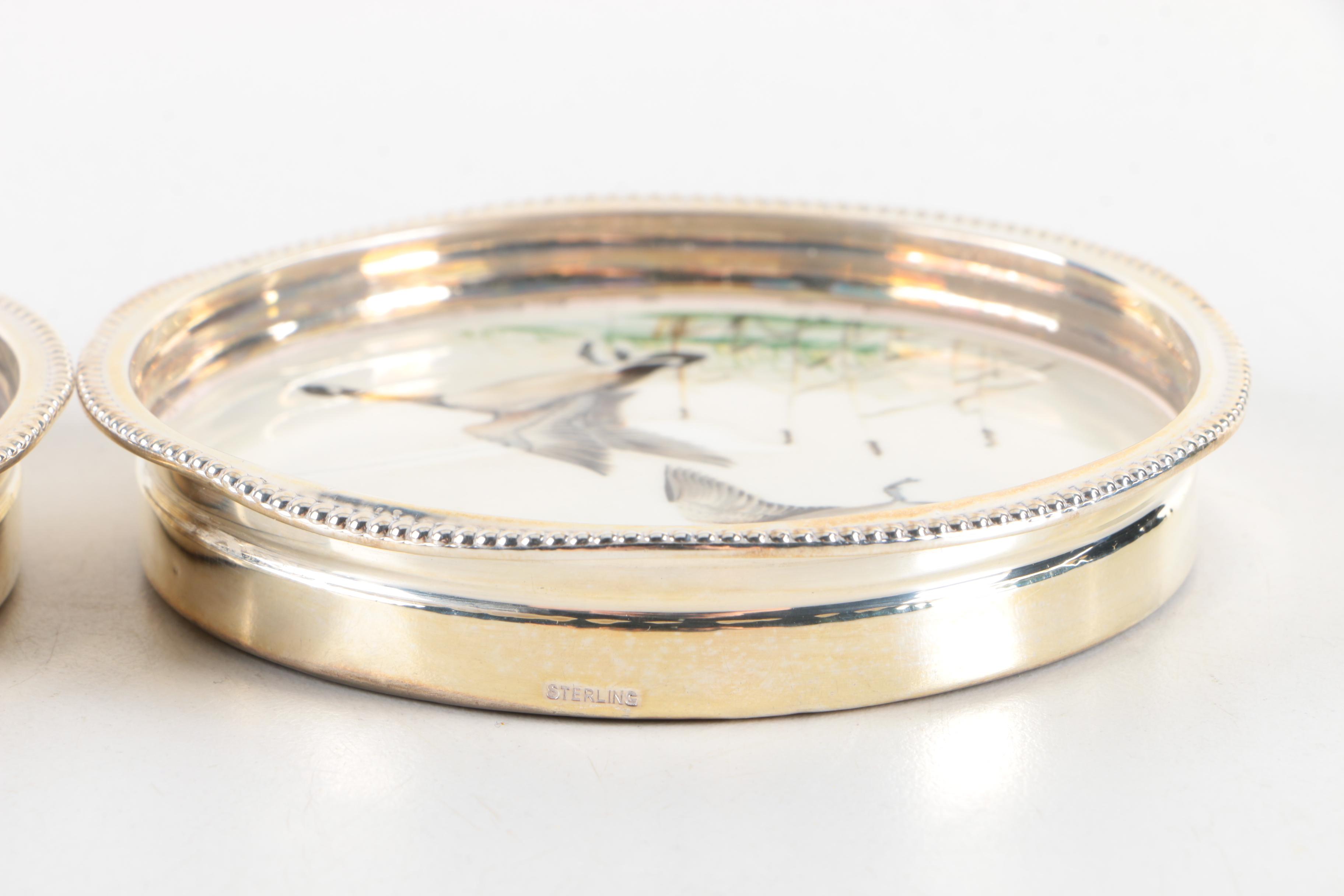 Sterling Silver and Porcelain Avian Themed Plates and Coasters