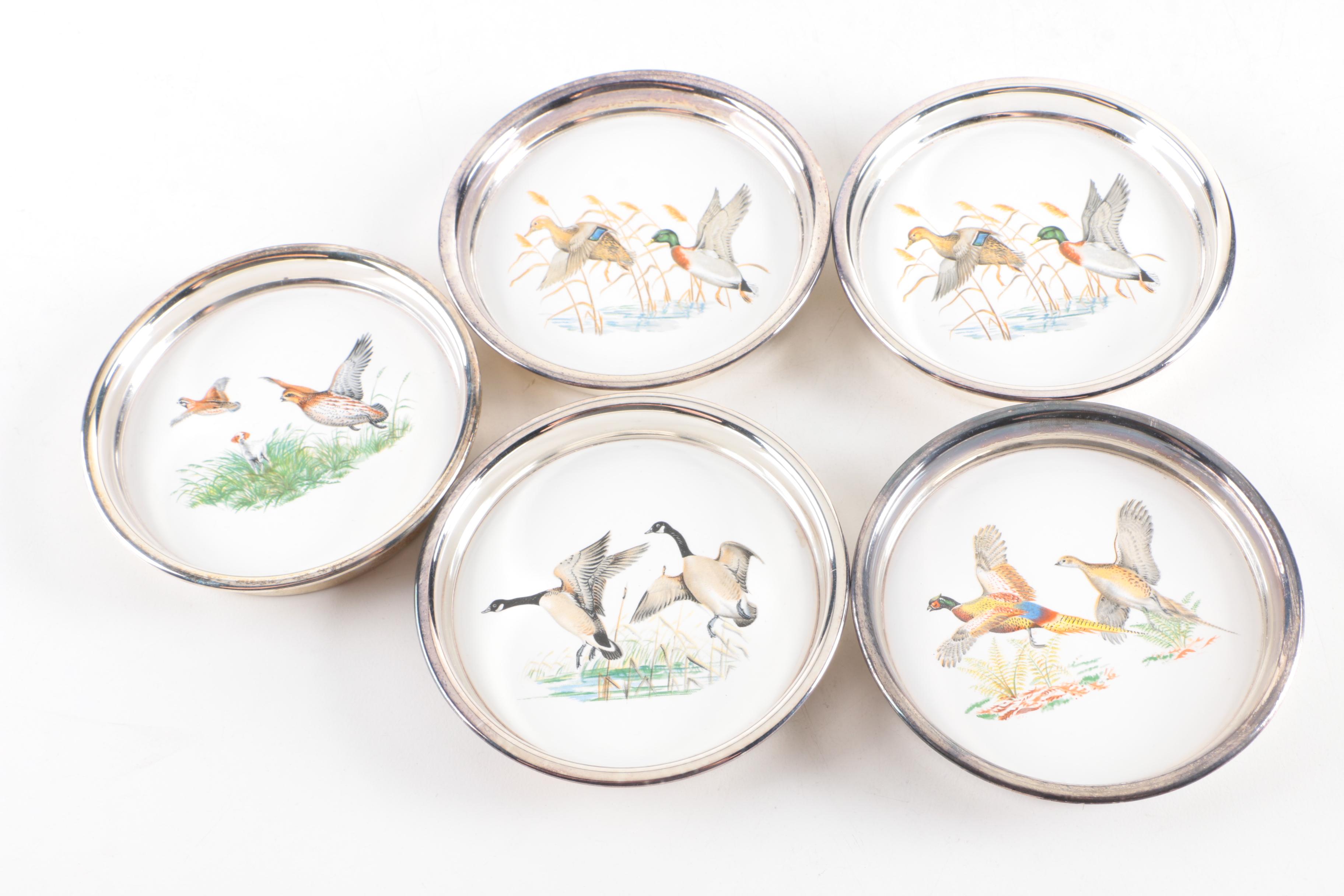Sterling Silver and Porcelain Avian Themed Plates and Coasters
