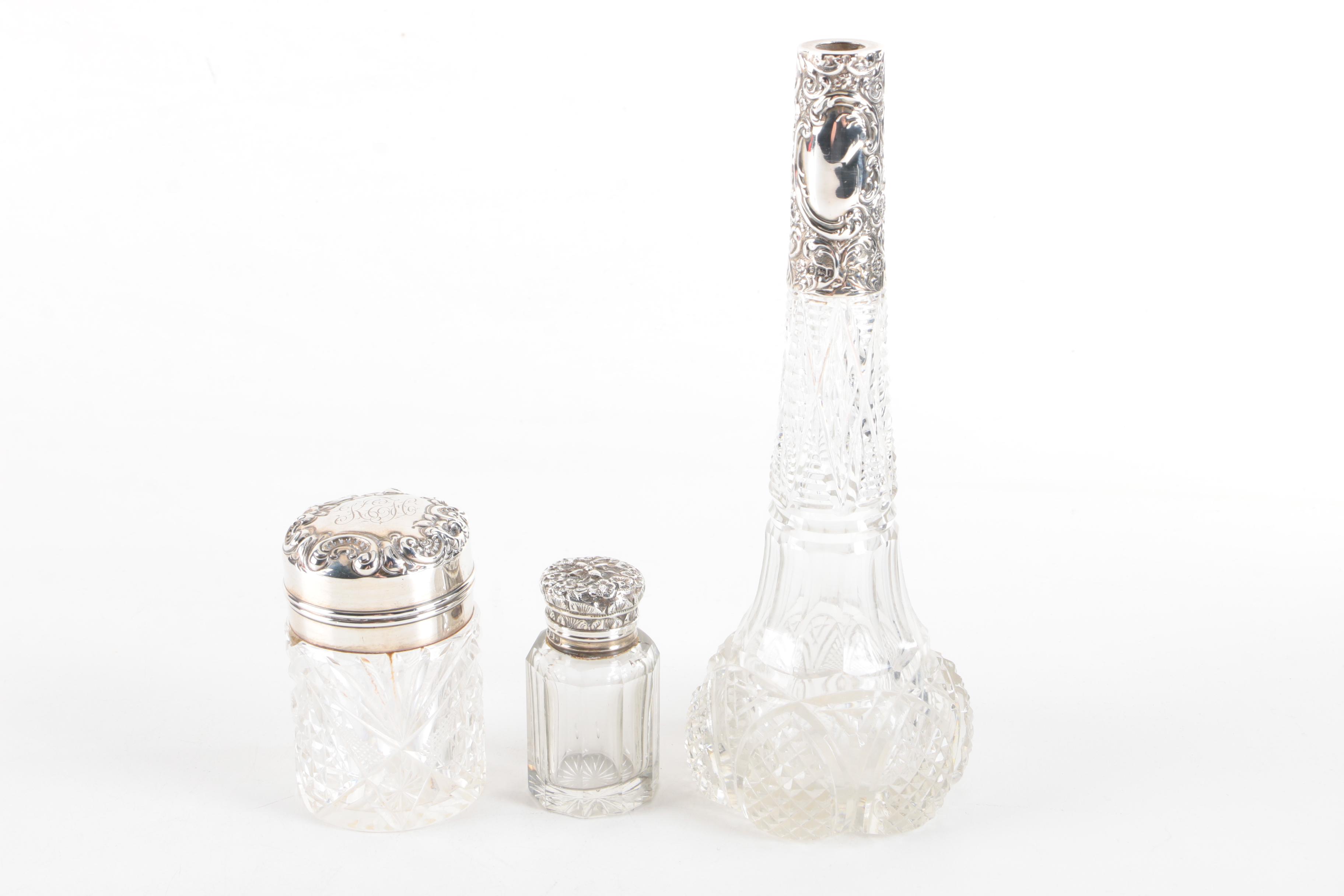 Walker & Hall Glass and Sterling Decanter with Sterling Silver and Glass Barware