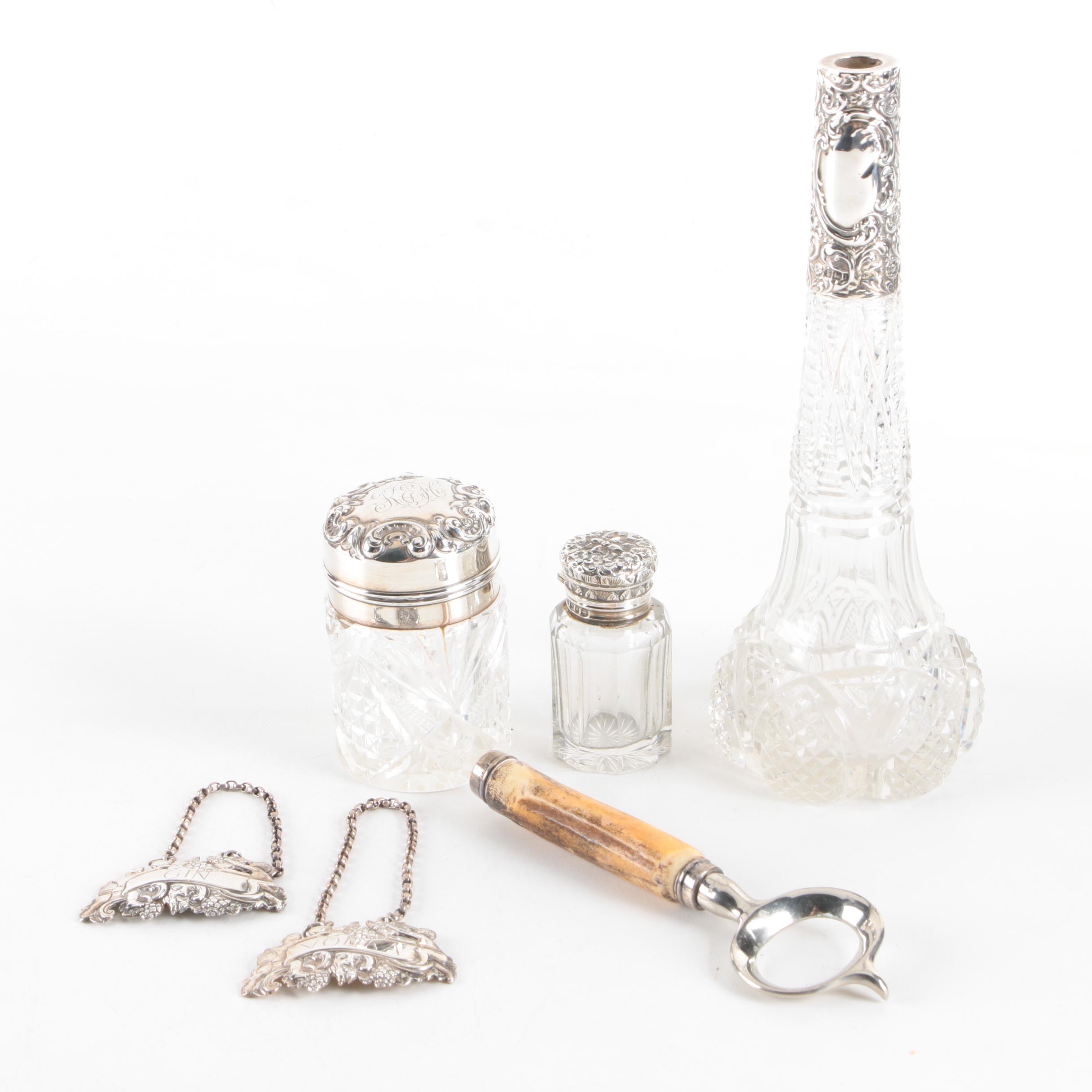 Walker & Hall Glass and Sterling Decanter with Sterling Silver and Glass Barware