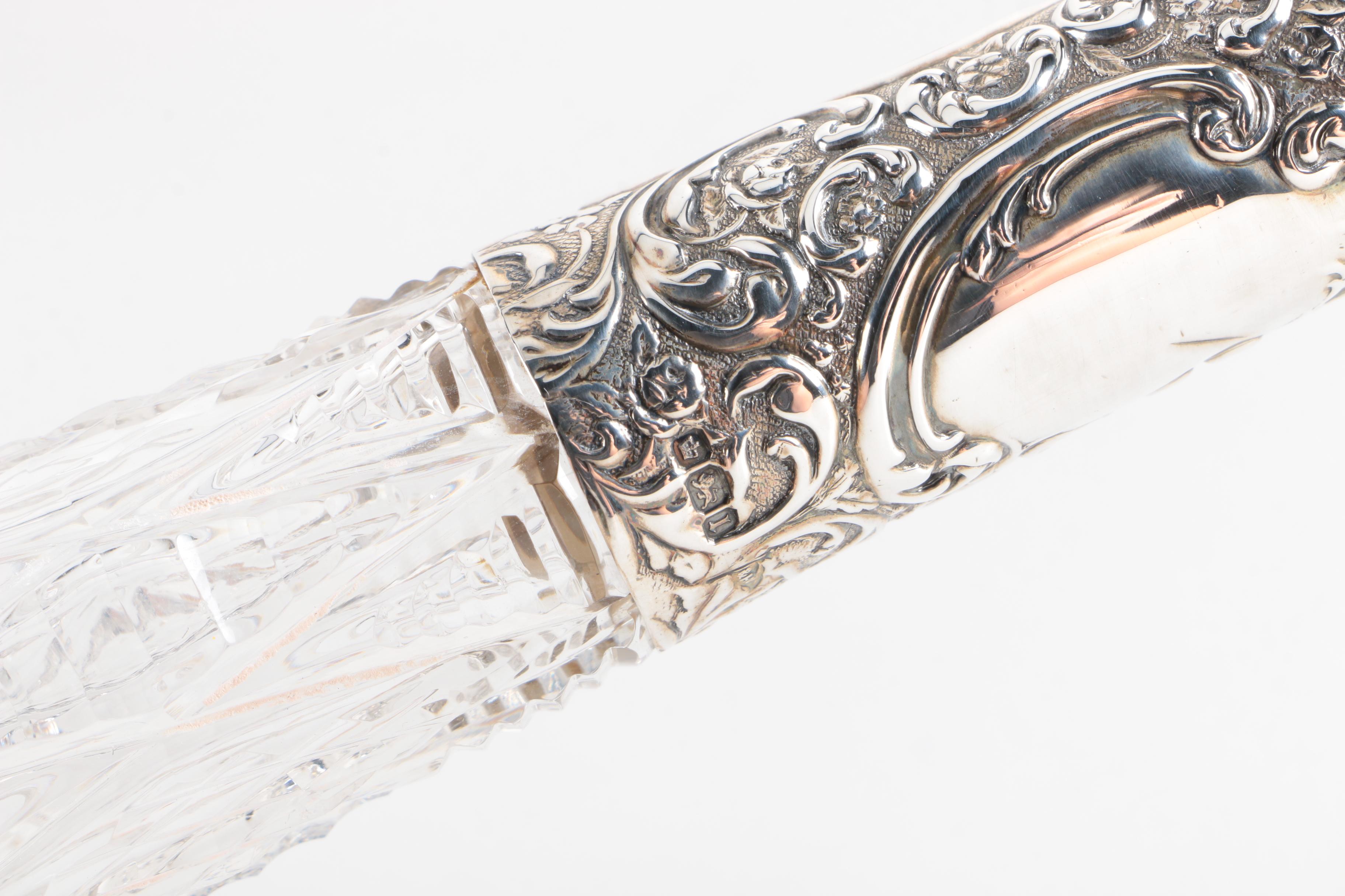 Walker & Hall Glass and Sterling Decanter with Sterling Silver and Glass Barware