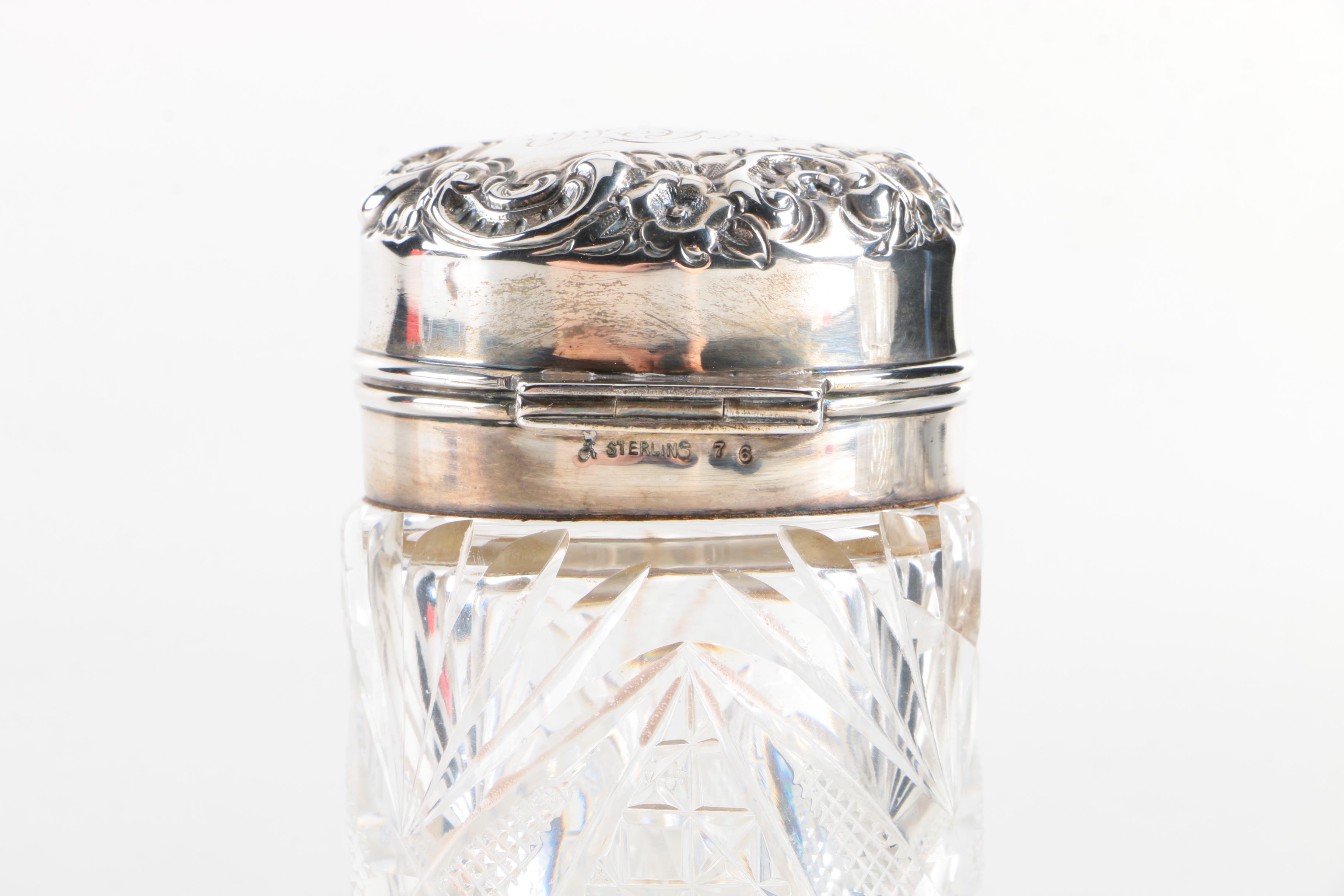 Walker & Hall Glass and Sterling Decanter with Sterling Silver and Glass Barware