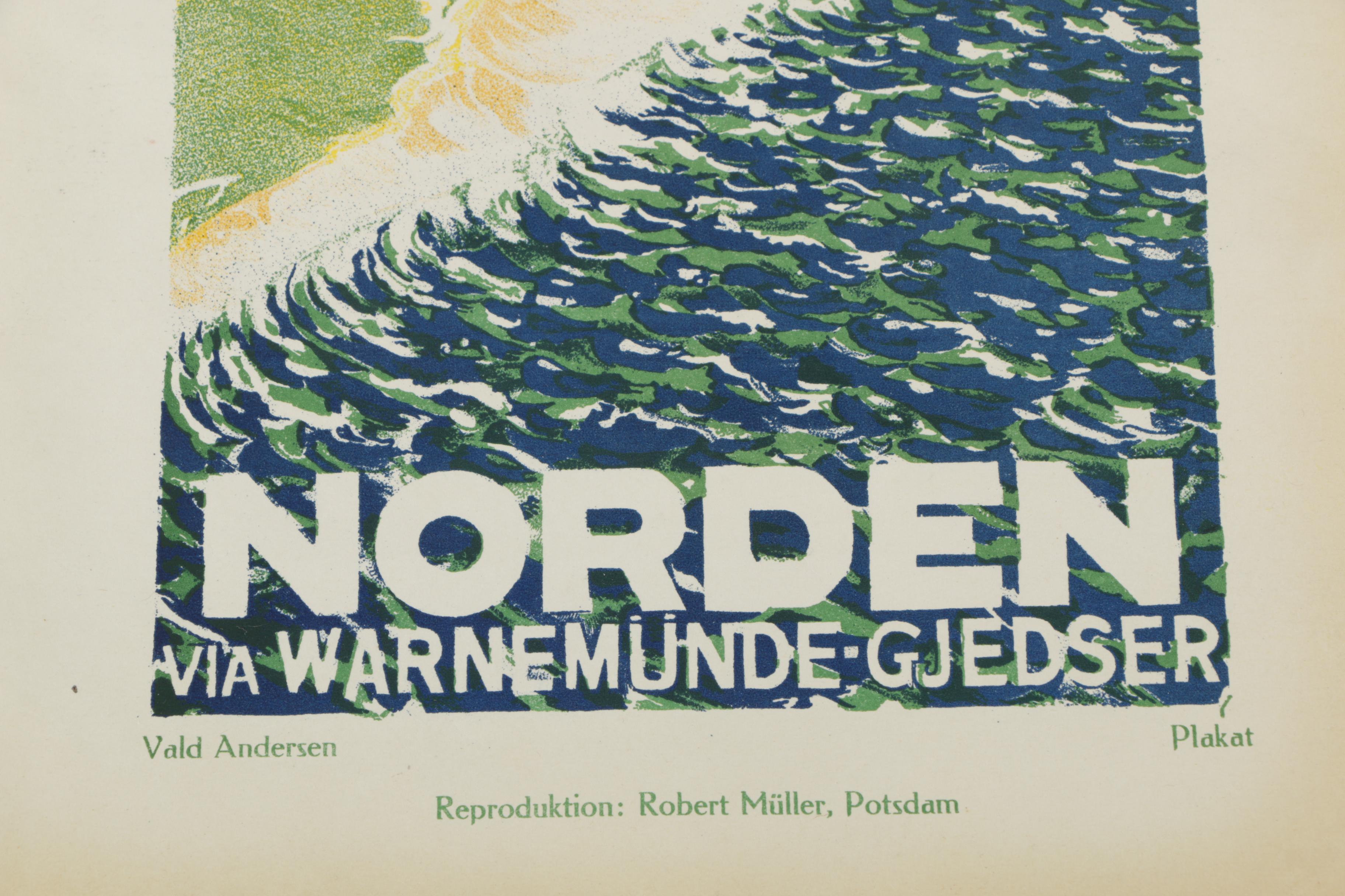 Vintage Lithograph After Vald Andersen "Norden via Warnemünde-Gjedser"