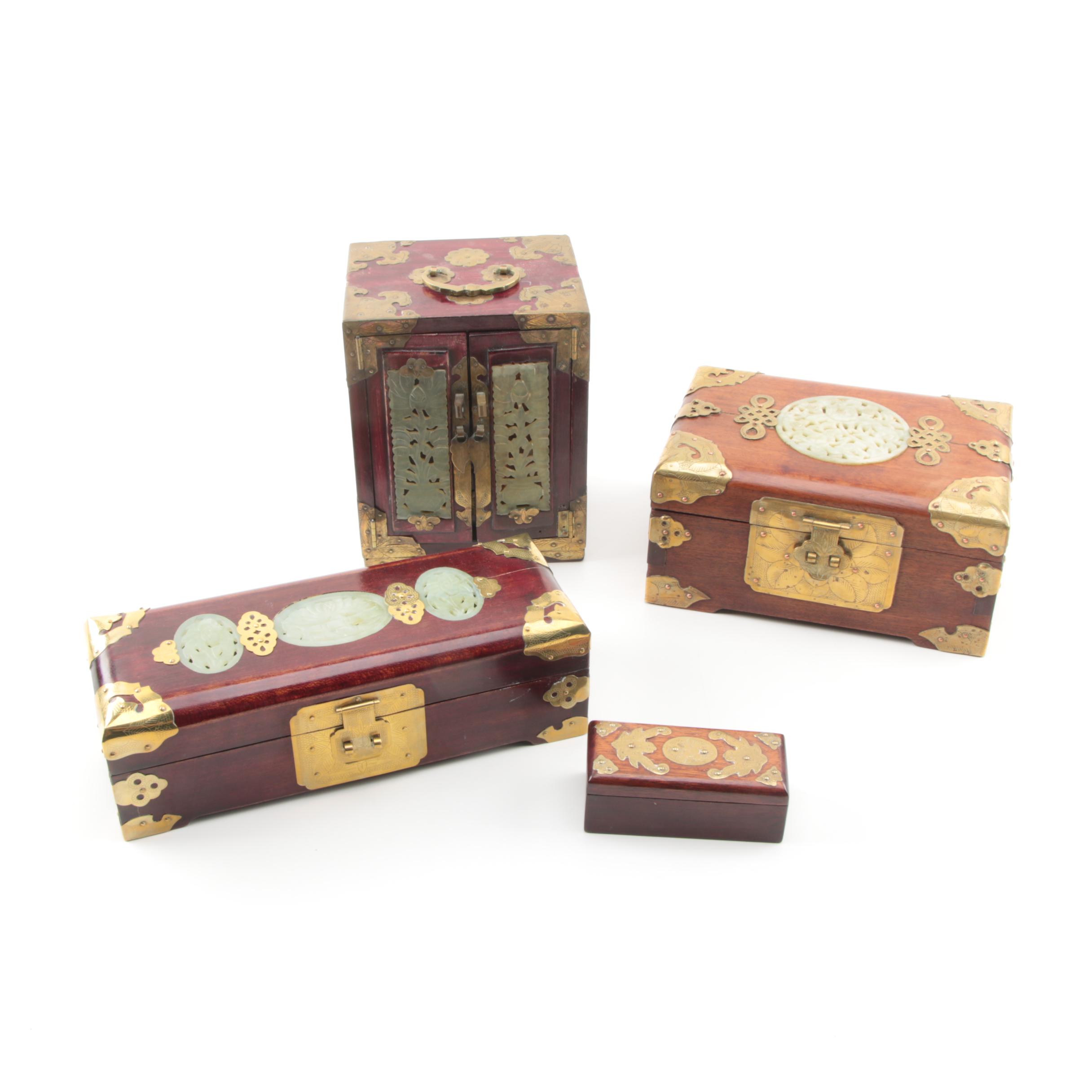 Chinese Bowenite and Brass Wooden Jewelry Boxes