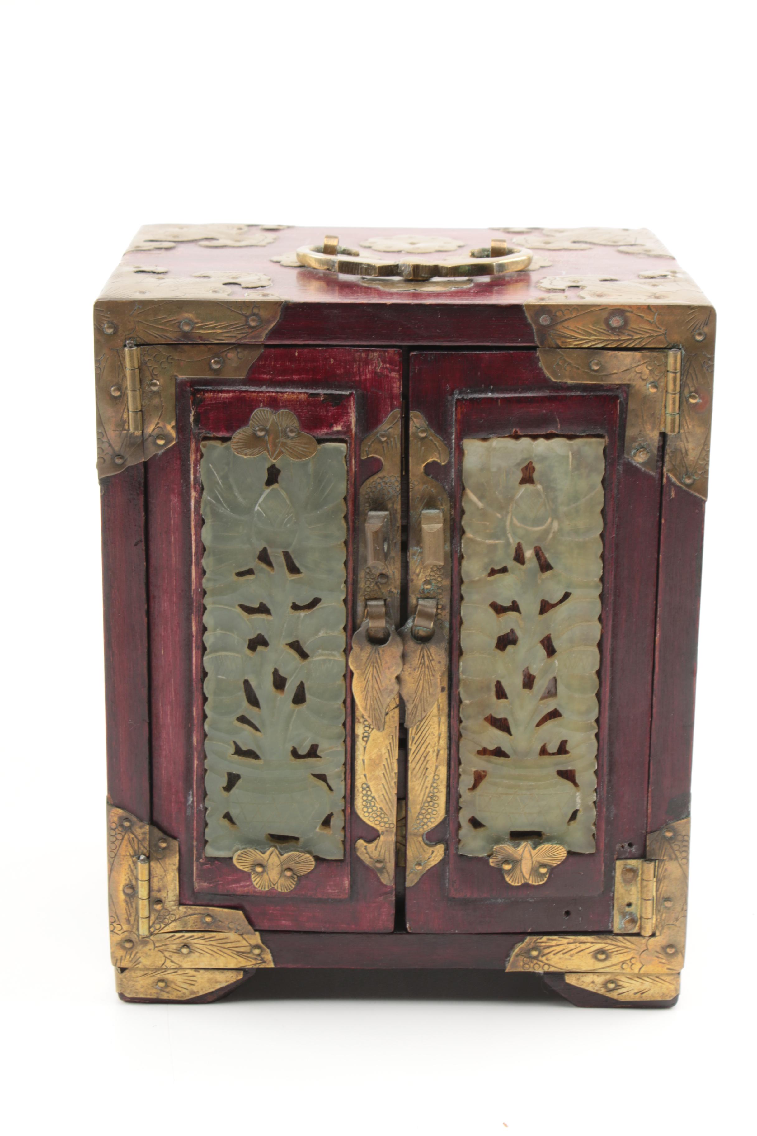Chinese Bowenite and Brass Wooden Jewelry Boxes