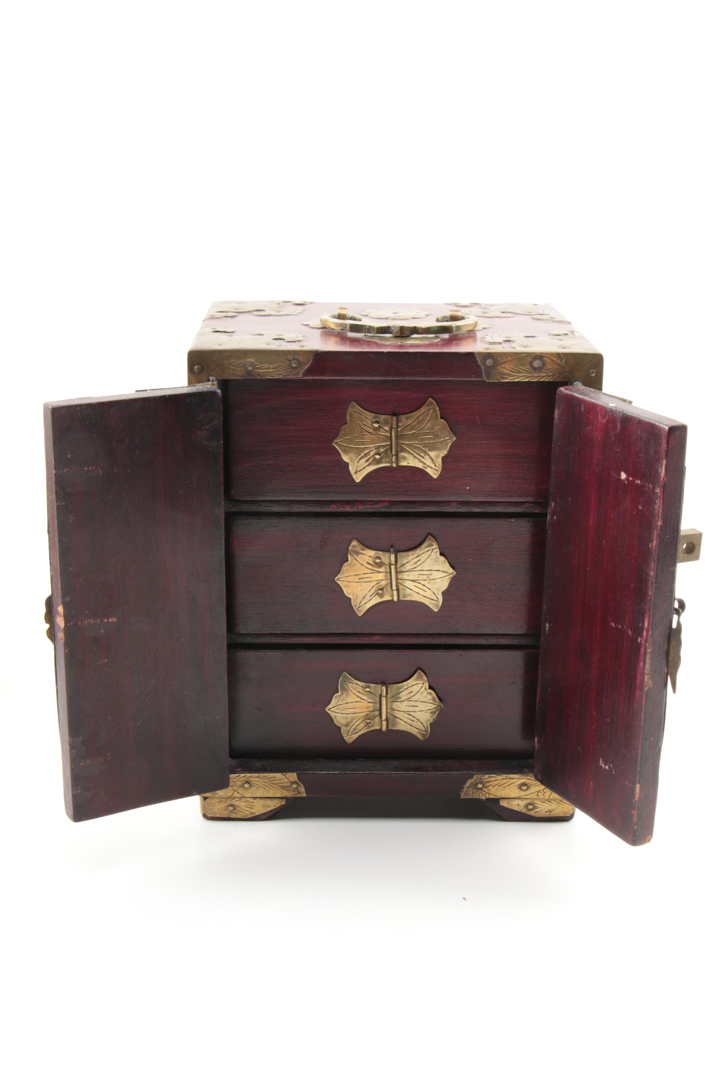Chinese Bowenite and Brass Wooden Jewelry Boxes