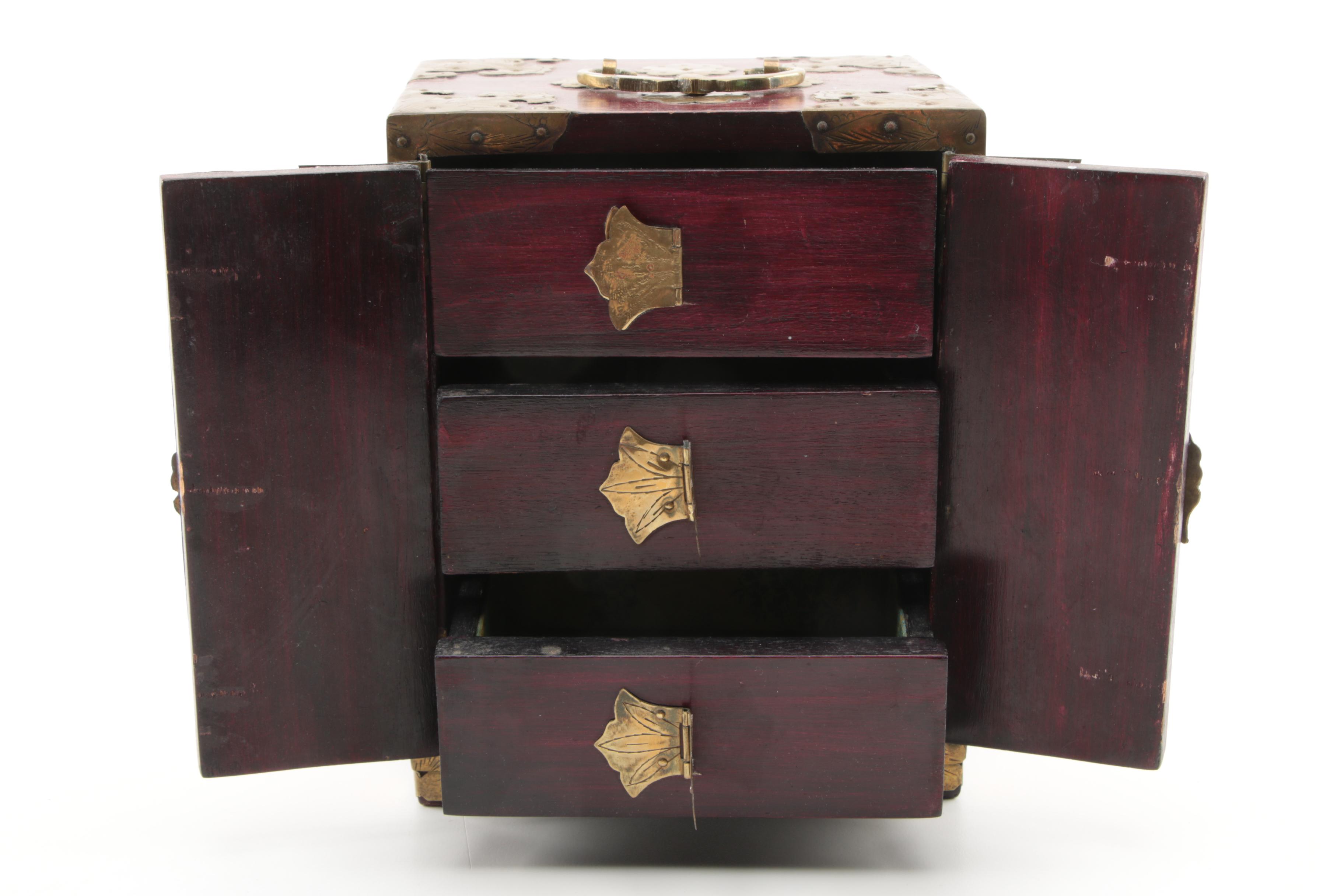 Chinese Bowenite and Brass Wooden Jewelry Boxes