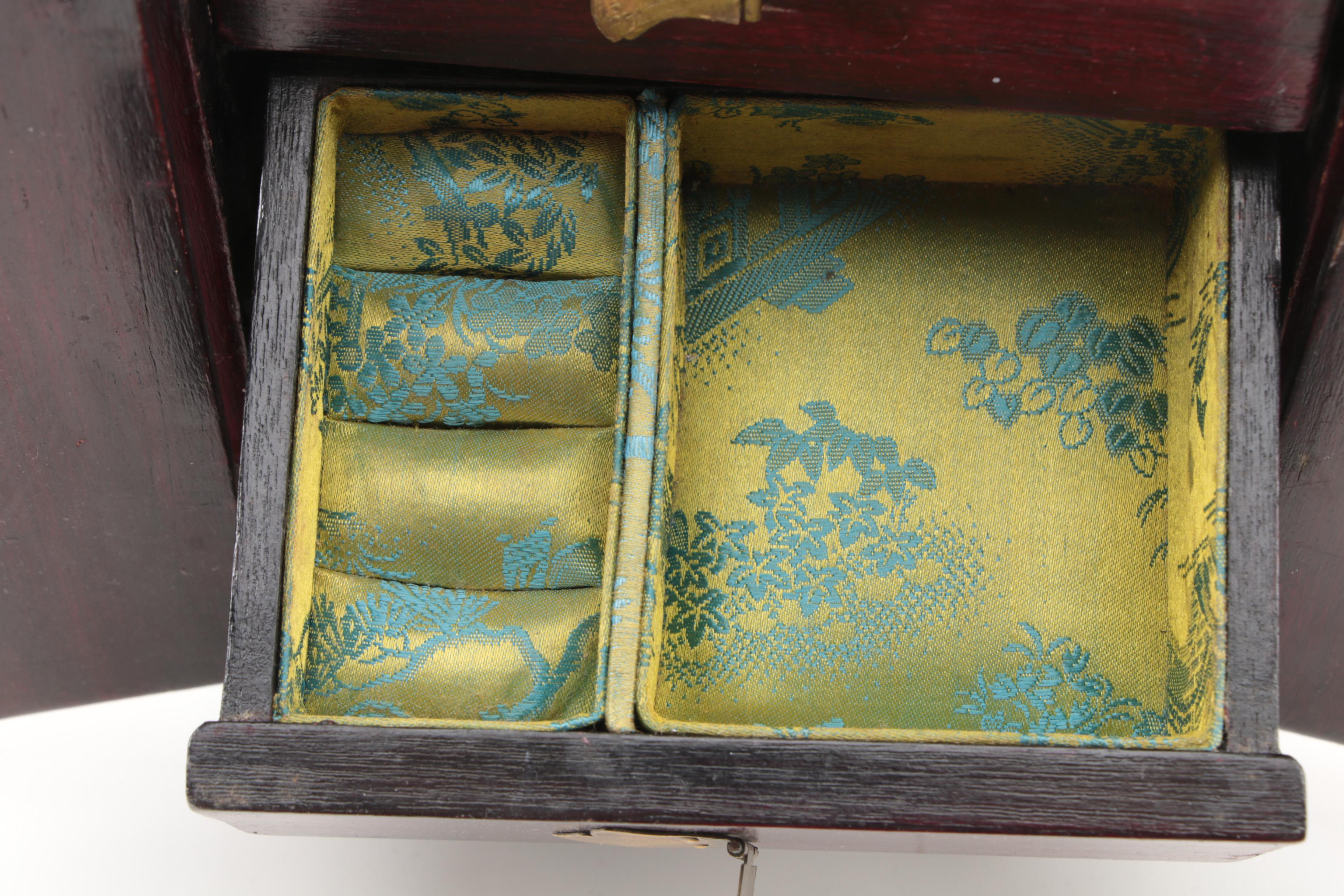 Chinese Bowenite and Brass Wooden Jewelry Boxes