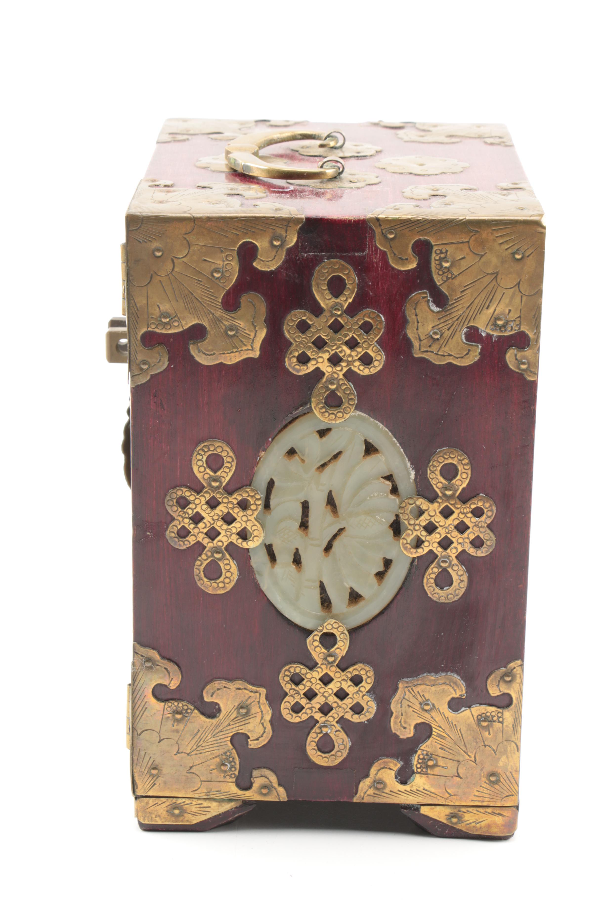 Chinese Bowenite and Brass Wooden Jewelry Boxes