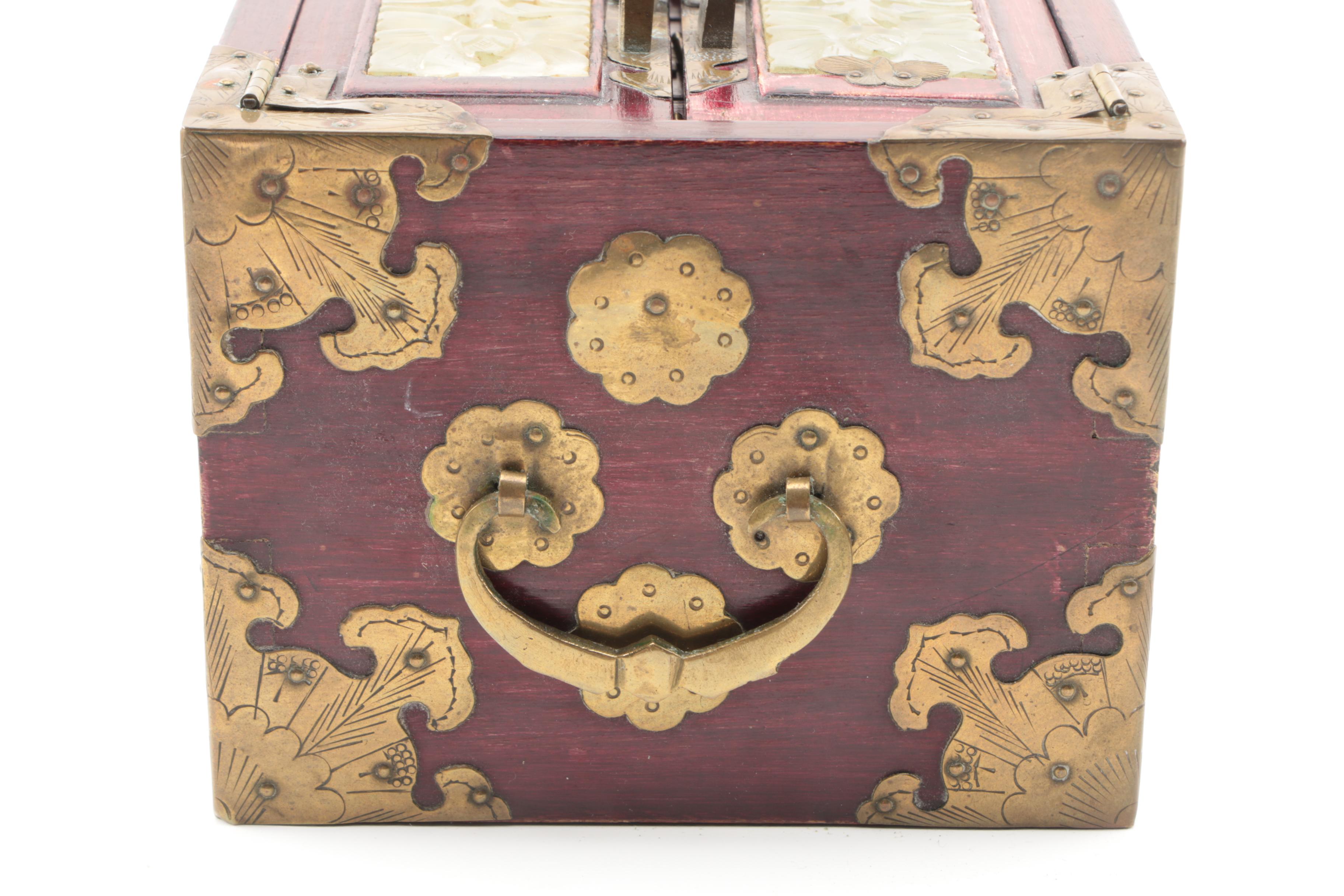 Chinese Bowenite and Brass Wooden Jewelry Boxes