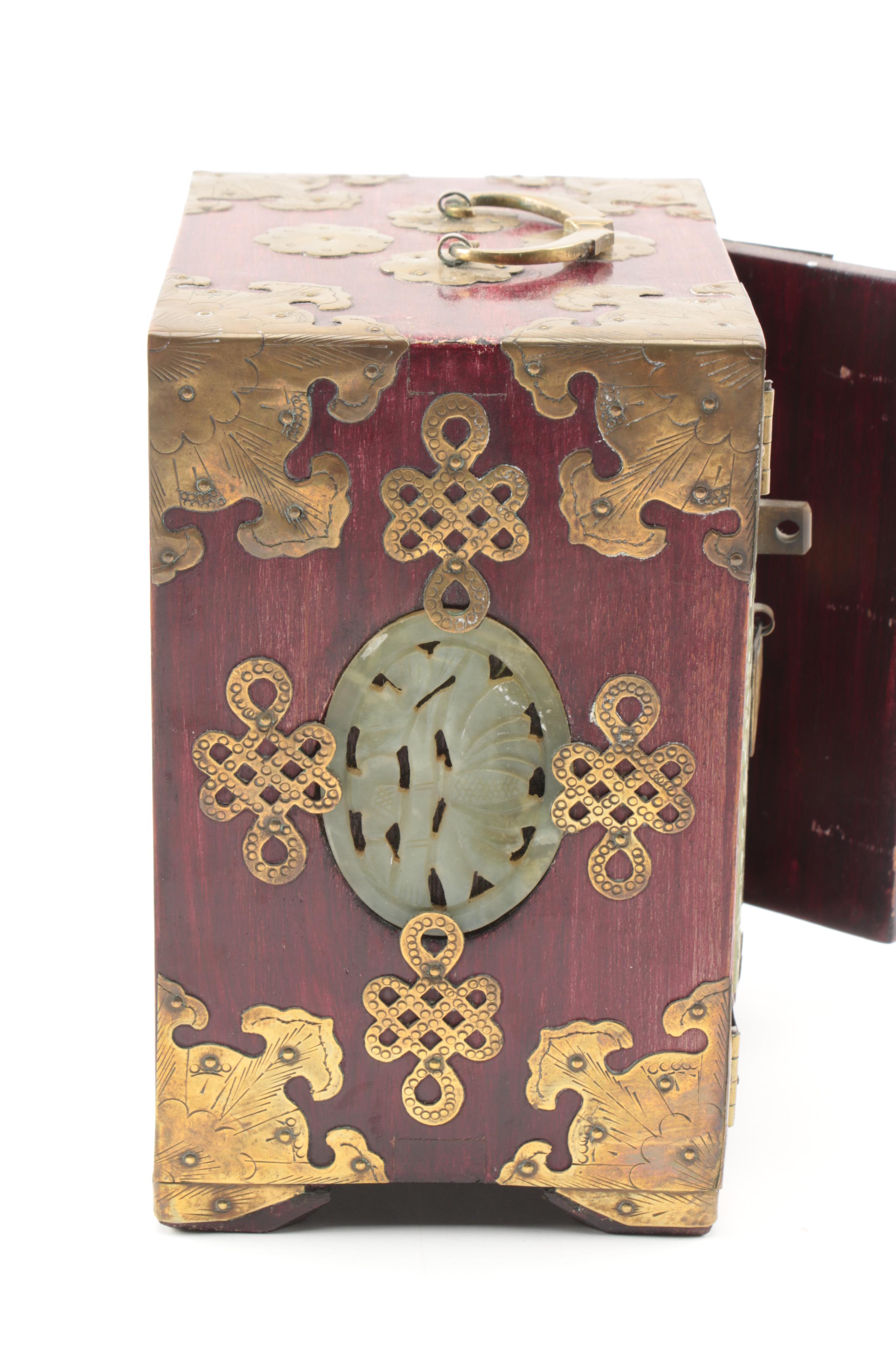 Chinese Bowenite and Brass Wooden Jewelry Boxes