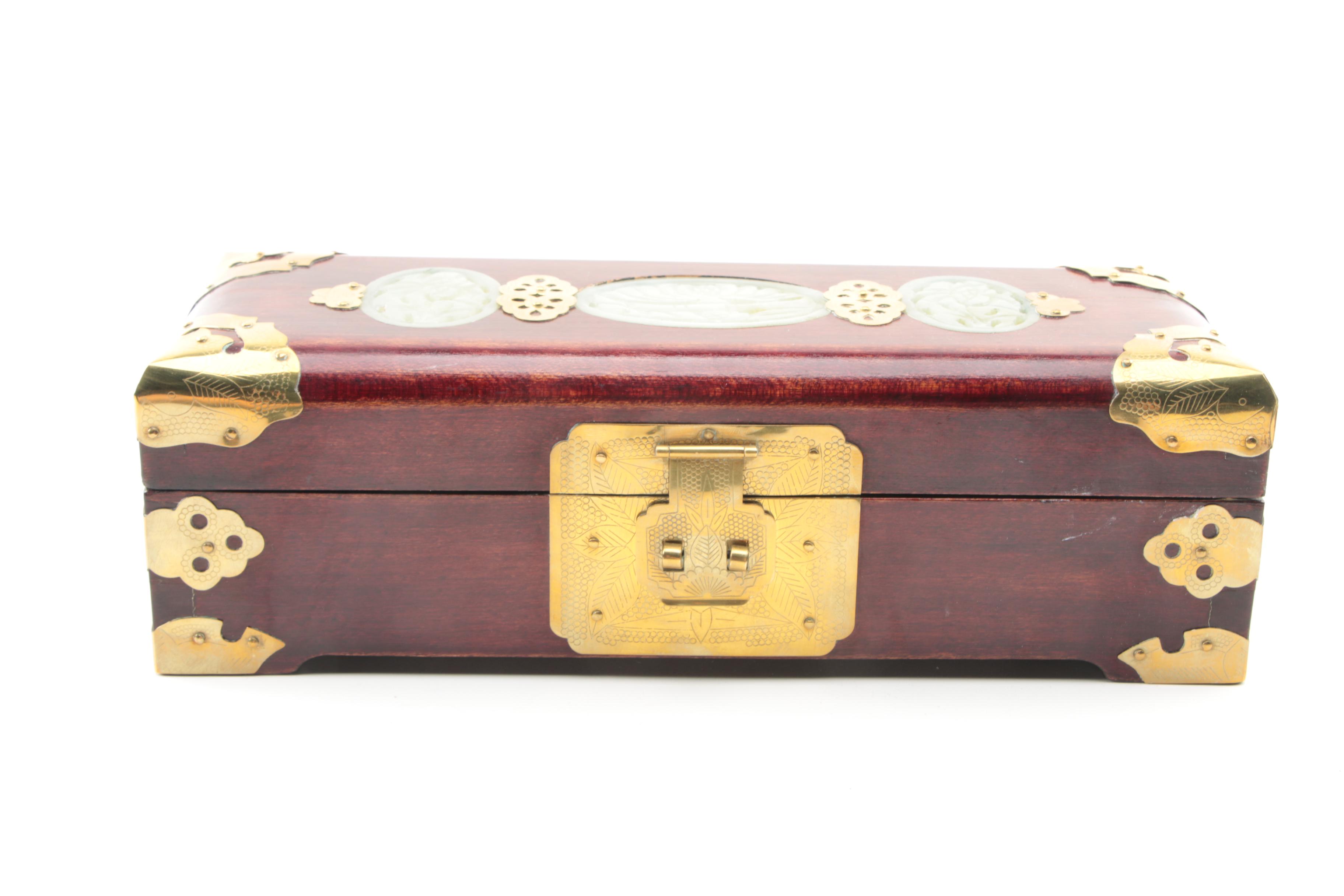Chinese Bowenite and Brass Wooden Jewelry Boxes