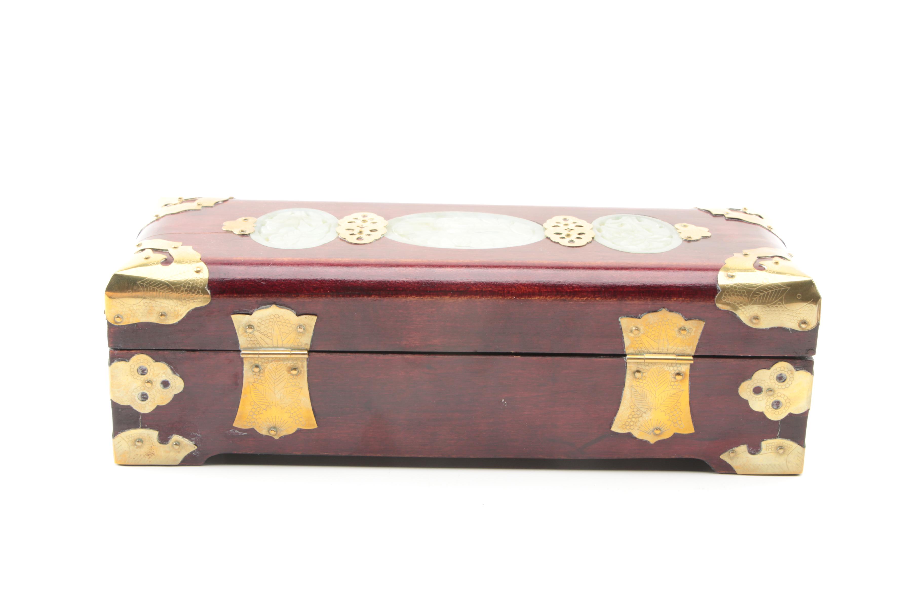 Chinese Bowenite and Brass Wooden Jewelry Boxes