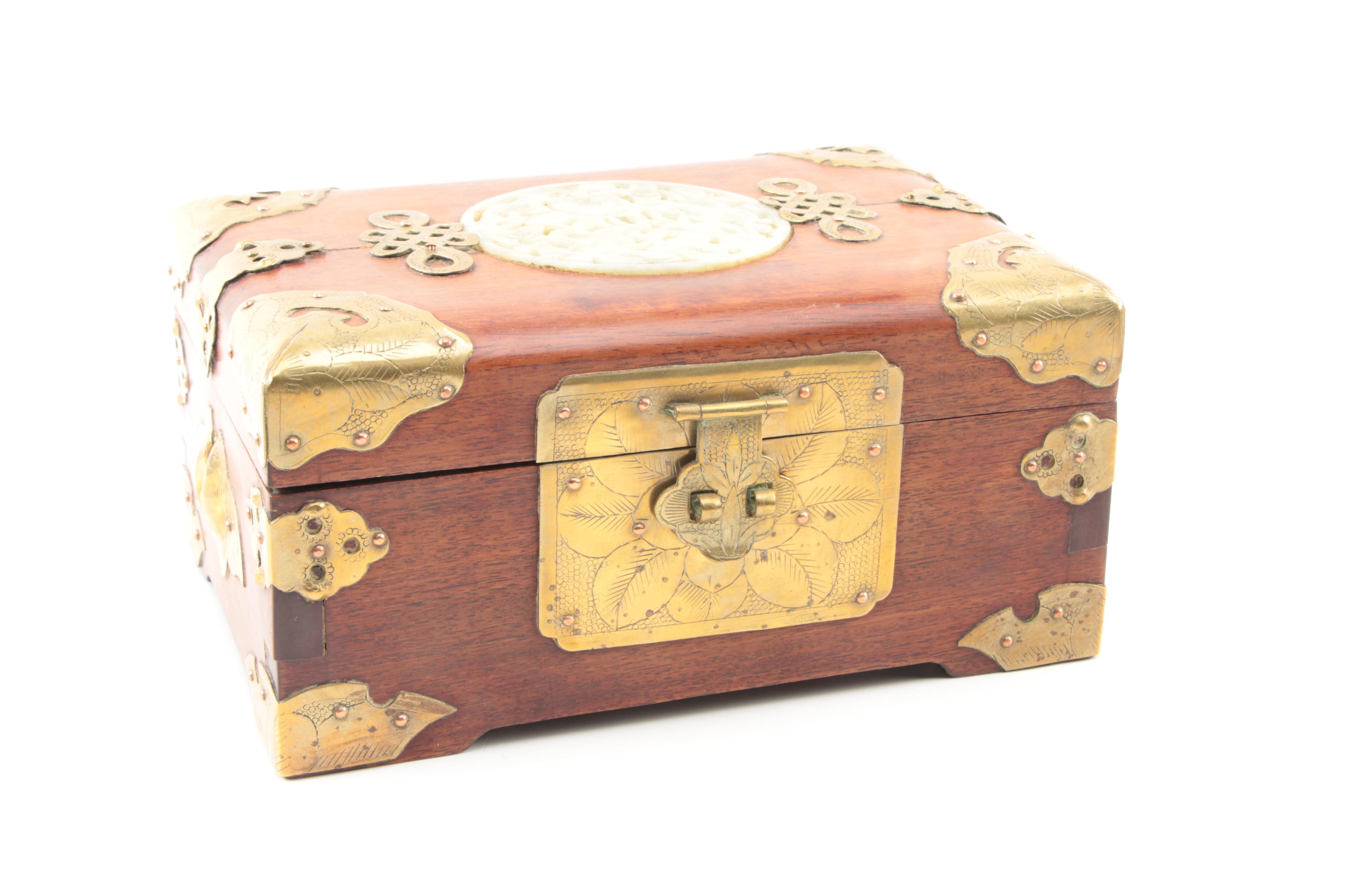 Chinese Bowenite and Brass Wooden Jewelry Boxes