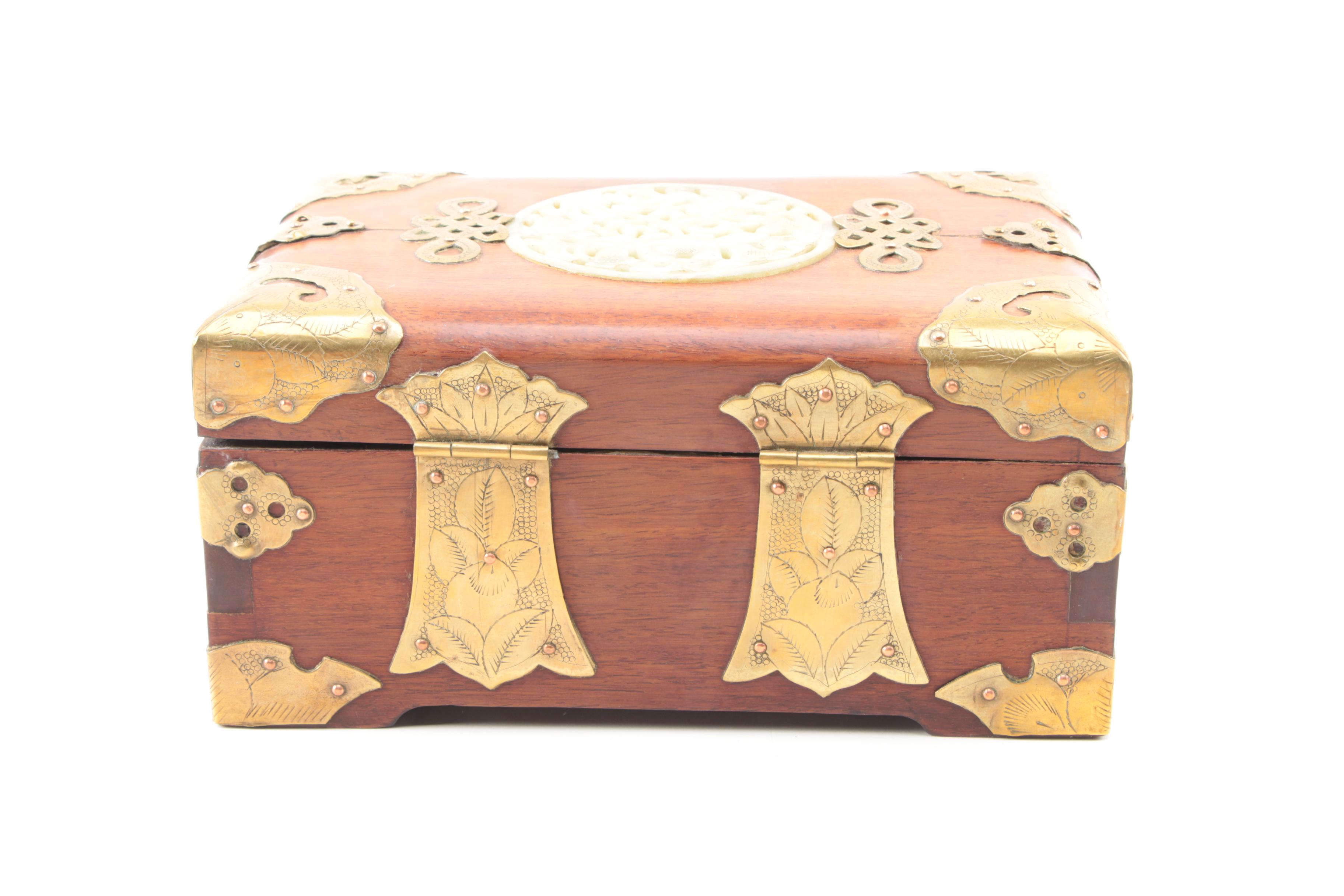 Chinese Bowenite and Brass Wooden Jewelry Boxes