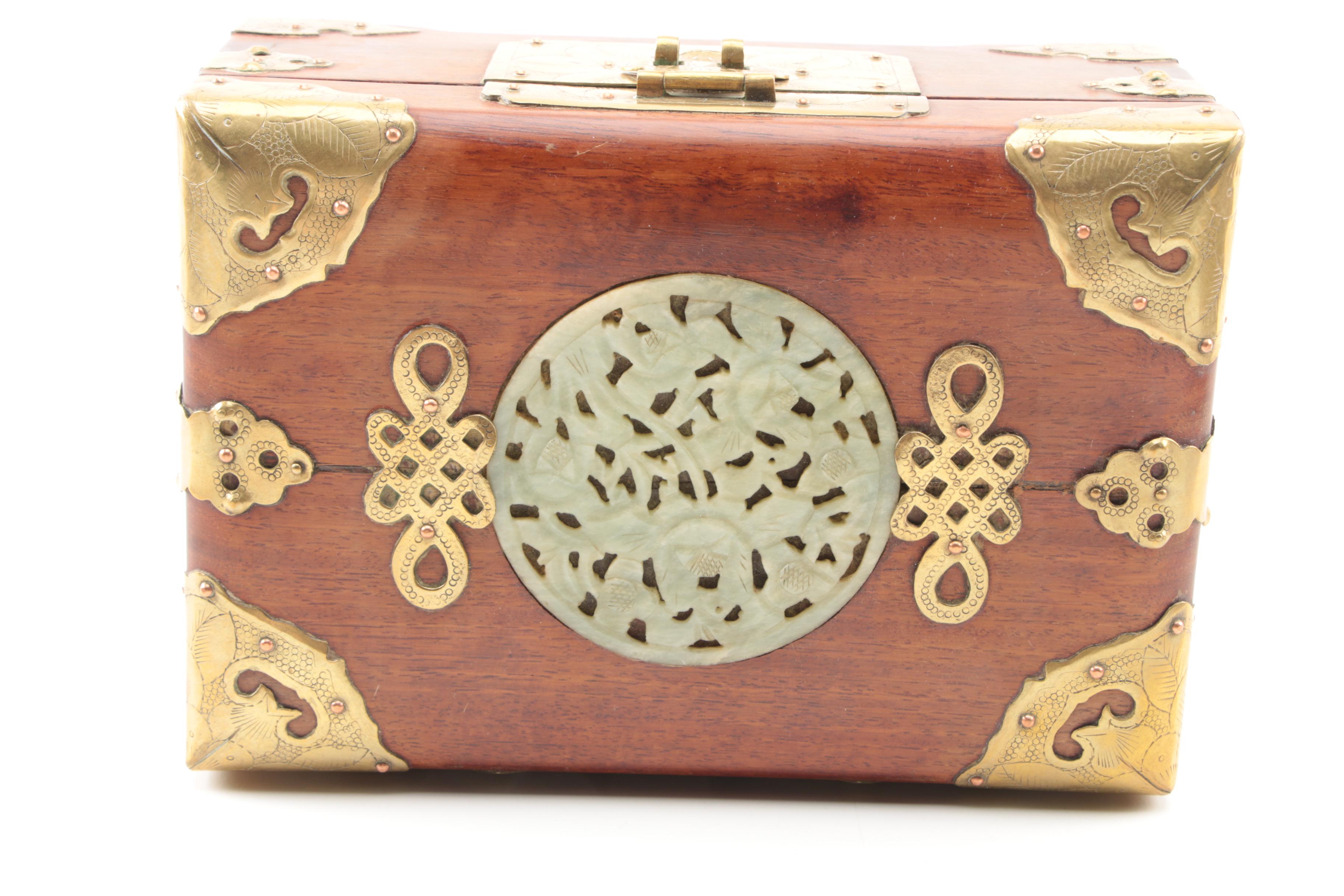 Chinese Bowenite and Brass Wooden Jewelry Boxes