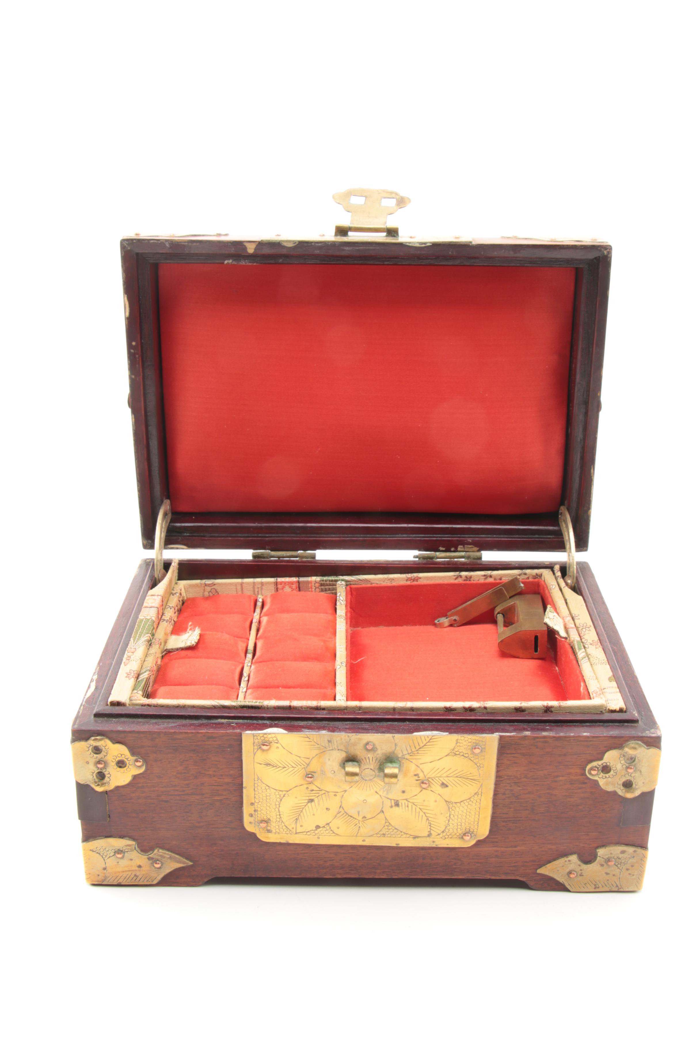 Chinese Bowenite and Brass Wooden Jewelry Boxes