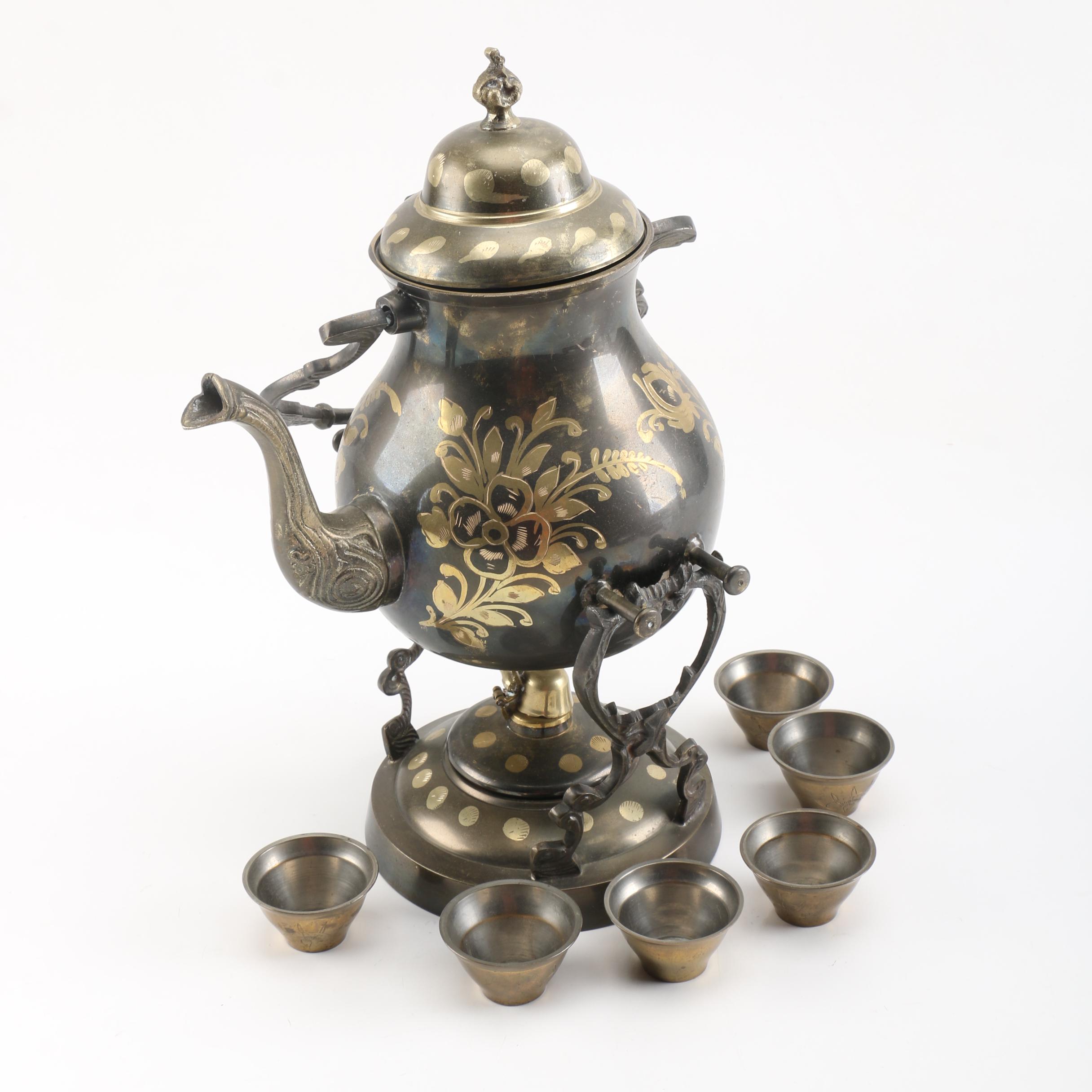 Vintage Metal and Brass Teapot on Tilting Stand with Warmer