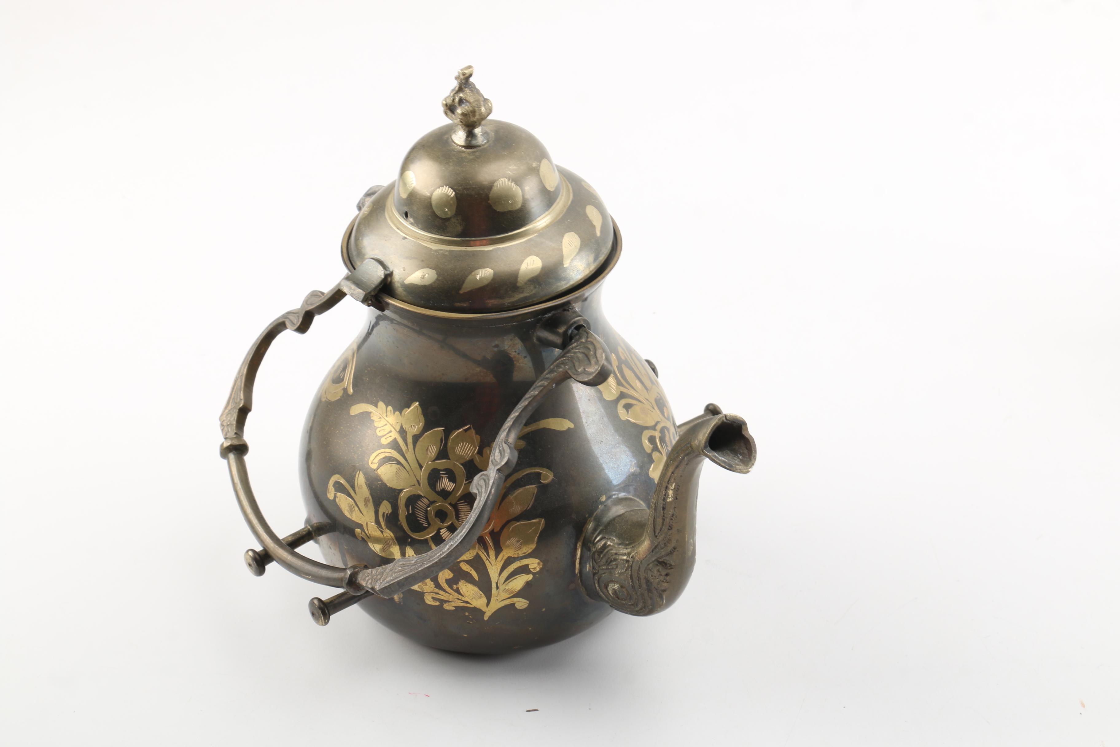 Vintage Metal and Brass Teapot on Tilting Stand with Warmer
