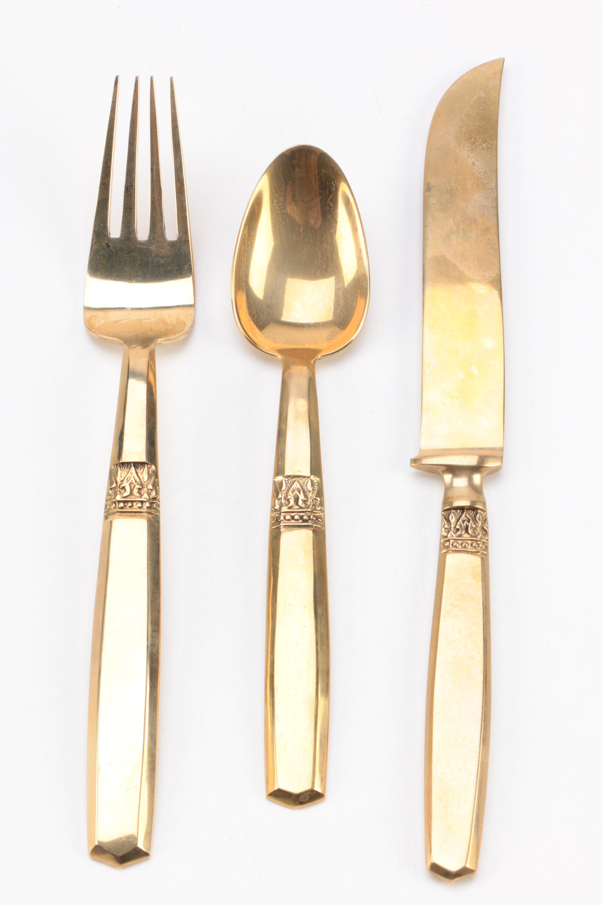 Thailand Brass Flatware Set with Wooden Flatware Storage Chest